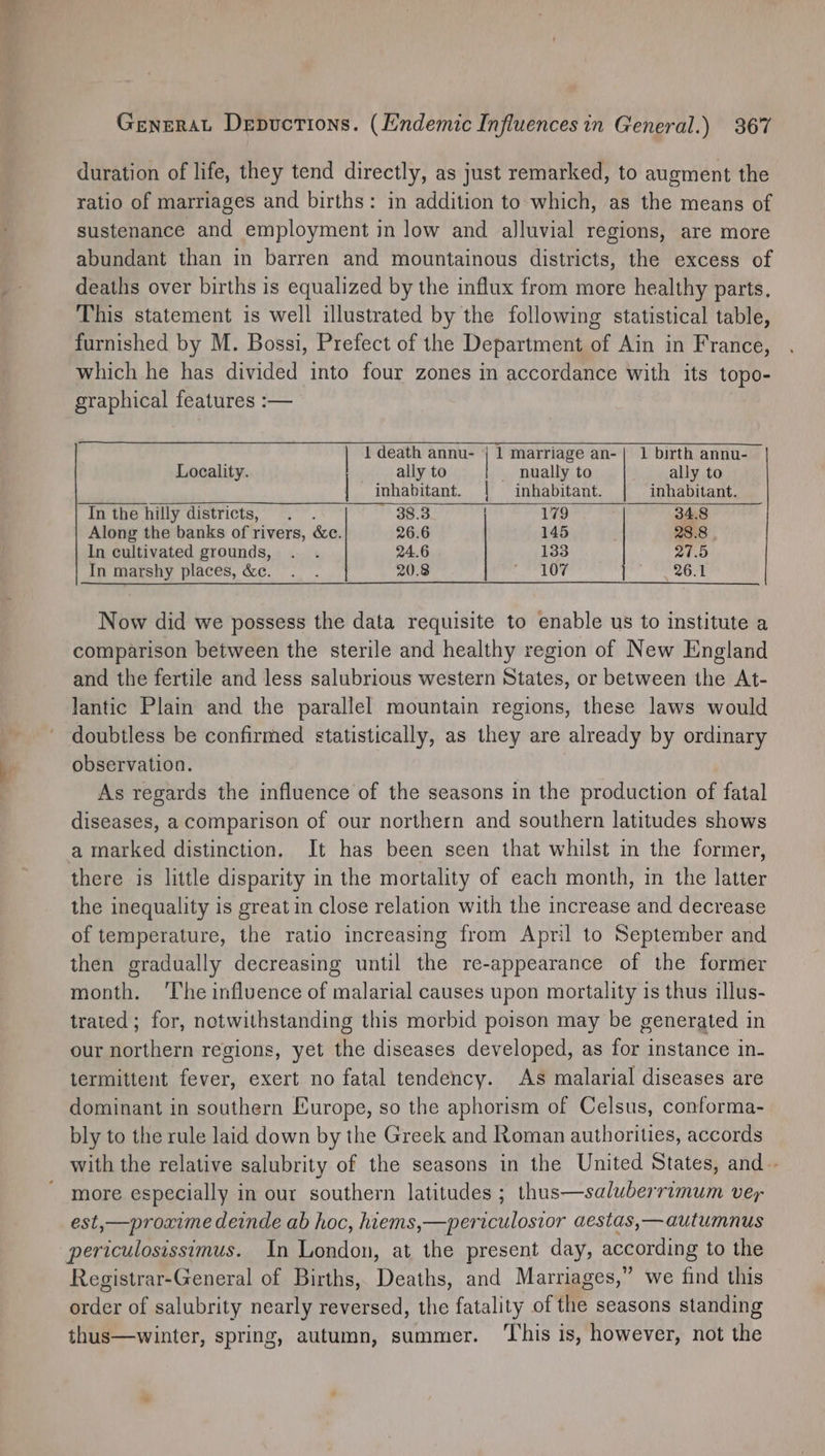 duration of life, they tend directly, as just remarked, to augment the ratio of marriages and births: in addition to which, as the means of sustenance and employment in low and alluvial regions, are more abundant than in barren and mountainous districts, the excess of deaths over births is equalized by the influx from more healthy parts. This statement is well illustrated by the following statistical table, furnished by M. Bossi, Prefect of the Department of Ain in France, which he has divided into four zones in accordance with its topo- graphical features :— 1 death annu- | 1 marriage an-| 1 birth annu- Locality. ally to — nually to ally to | inhabitant. | inhabitant. | inhabitant. In the hilly districts, . . *\ 38.3 | 179 34.8 Along the banks of rivers, &amp;c. 26.6 145 . 28.8 . In cultivated grounds, . . 24.6 133 2t.d In marshy places, &amp;c. . . 20.8 107 26.1 Now did we possess the data requisite to enable us to institute a comparison between the sterile and healthy region of New England and the fertile and less salubrious western States, or between the At- antic Plain and the parallel mountain regions, these laws would doubtless be confirmed statistically, as they are already by ordinary observation. As regards the influence of the seasons in the production of fatal diseases, a comparison of our northern and southern latitudes shows a marked distinction. It has been seen that whilst in the former, there is little disparity in the mortality of each month, in the latter the inequality is great in close relation with the increase and decrease of temperature, the ratio increasing from April to September and then gradually decreasing until the re-appearance of the former month. ‘The influence of malarial causes upon mortality is thus illus- trated ; for, notwithstanding this morbid poison may be generated in our northern regions, yet the diseases developed, as for instance in- termittent fever, exert no fatal tendency. As malarial diseases are dominant in southern Europe, so the aphorism of Celsus, conforma- bly to the rule laid down by the Greek and Roman authorities, accords with the relative salubrity of the seasons in the United States, and. more especially in our southern latitudes ; thus—saluberrimum ver est,—proaime deinde ab hoc, hiems,—periculosior aestas,—autumnus periculosissimus. In London, at the present day, according to the Registrar-General of Births, Deaths, and Marriages,” we find this order of salubrity nearly reversed, the fatality of the seasons standing thus—winter, spring, autumn, summer. ‘This is, however, not the