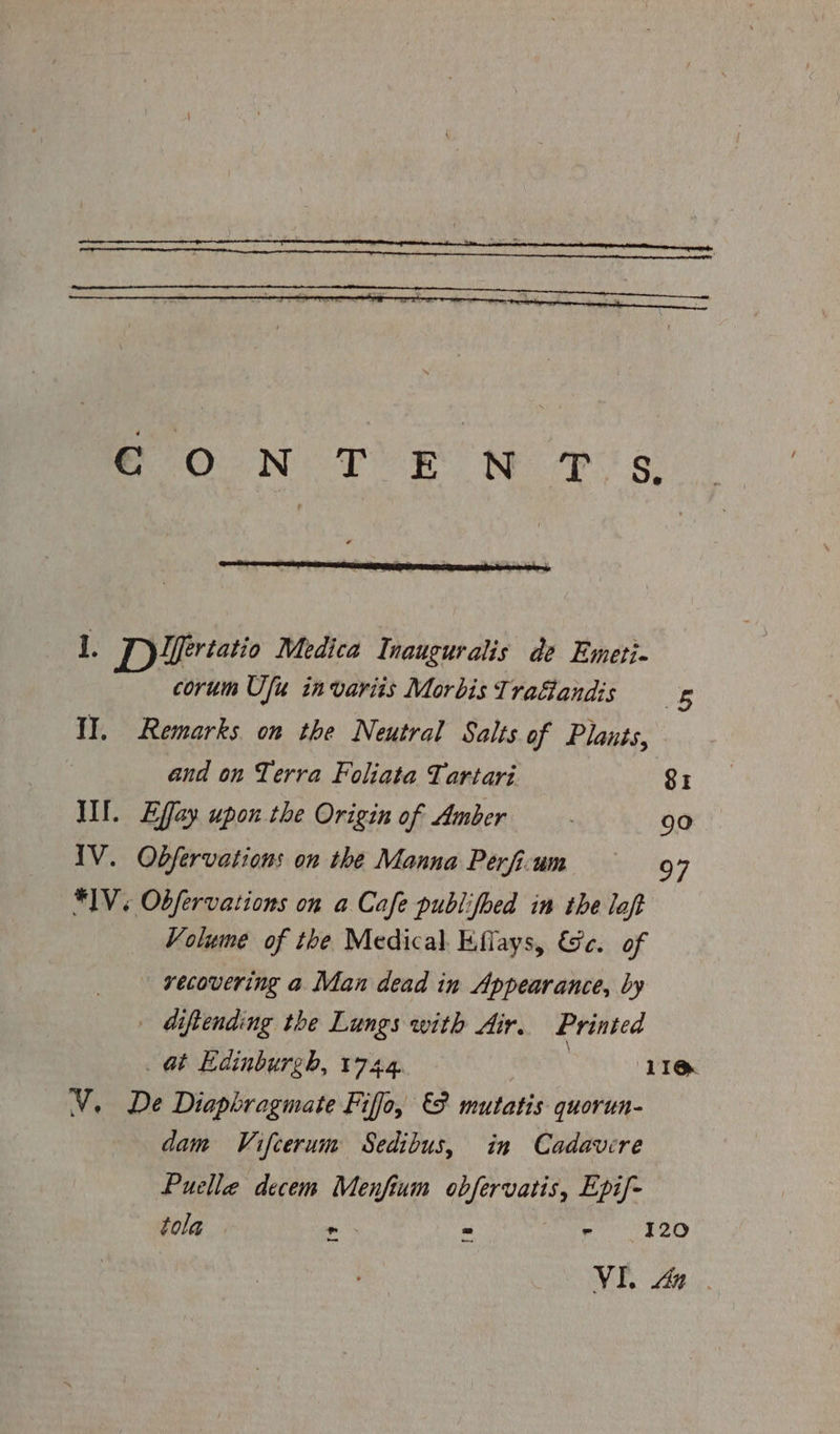 1. D Brriatio Medica Inauguralis de Emeti- corum Ufu invariis MorbisTrafandis II. Remarks on the Neutral Salts of Plants, and on Terra Foliata Tartari 81 il. Effay upon the Origin of Amber 90 TV. Obfervations on the Manna Perfium — — 94 *1V; Obfervations on a Cafe publifbed in the laft Volume of the Medical Efiays, &amp;e. of recovering a Man dead in Appearance, by | diftending the Lungs with Air. Printed at Edinburgh, 1744 | 11@&amp; V. De Diaphragmate Fiffo, €F mutatis quorun- dam Vifcerum Sedibus, in Cadavere Puelle decem Menfium obfervatis, Epif- tola n » e E20 VE. Ap: