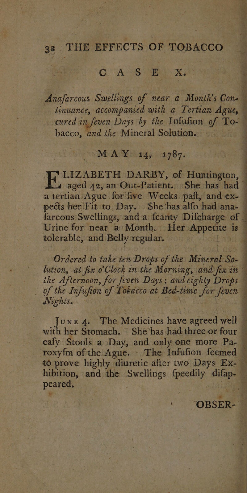 CAS B X. cured in feven Days by the Infufion of ae bacco, and the Mineral Solution. © 3 MAY: 14, 1787. J,\ LIZABETH DARBY, of Huntington, Urine for near a’ Month. Her sa eh is tolerable, and. Belly regular. Ordered to take ten Drops ie the Mineral So- Nights. peared: eh ee ae