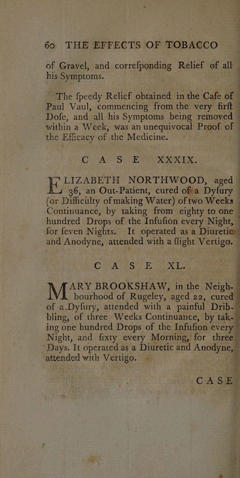 of Gravel, and conefponding Relief of all his Symptoms. The fpeedy Relief obtained in the Cafe of Paul Vaul, commencing from the very firft — Dofe, and all his Symptoms being removed — within a Week, was an unequivocal Proof of the Efficacy of the Medicine. CAs Sak XXXIX. 7 LIZABETH NORTHWOOD, aged 96, an Out-Patient, cured ofia Dyfury | ie Difficulty of making Water) of two Weeks © Continuance, by taking from eighty to one - hundred Drops of the Infufion every Night, — for feven Nights. It operated as a Diuretic: and Anodyne, attended with a flight Vertigo. CUI SSE VRE! ; ry 9 ls Gee! BROOKSHAW, in the Neigh- bourhood of Rugeley, aged 22, cured® of a.Dyfury, attended with a painful Drib-— bling, of three Weeks Continuance, by lol 7 ing one hundred Drops of the Infufion every ( Night, and fixty every Morning, for three” ‘Days. It operated as a Diuretic and Anodyne, — attended with veauay. °