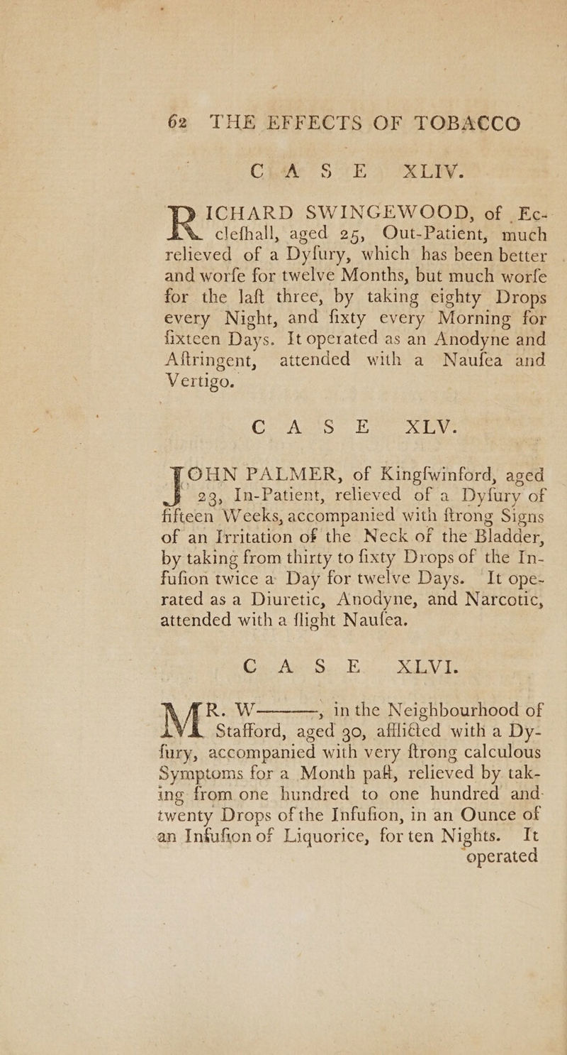 Cpe ot Arey. ICHARD SWINGEWOOD, of _Ec-. clefhall, aged 25, Out-Patient, much relieved of a Dyfury, which has been better | and worfe for twelve Months, but much worfe for the laft three, by taking eighty Drops every Night, and fixty every Morning for fixteen Days. It operated as an Anodyne and Aftringent, attended with a Naufea and Vertigo. CetAre Ss Ee as. Dim PALMER, of Kingfwinford, aged In- Patient, relieved of a Dyfury of een Weeks, accompanied with ftrong Signs of an Irritation of the Neck of the Bladder, by taking from thirty to fixty Drops of the In- fufion twice a Day for twelve Days. It ope- rated as a Diuretic, Anodyne, and Narcotic, attended with a flight Nautfea. Co Am Set ES JUN A. N rR. W -, inthe Neighbourhood of | Stafford, aged 30, afflicted with a Dy- fury, accompanied with very ftrong calculous Symptoms for a Month pak, relieved by tak- ing from one hundred to one hundred and twenty Drops of the Infufion, in an Ounce of an Infufion of Liquorice, for ten Nights. It ‘operated