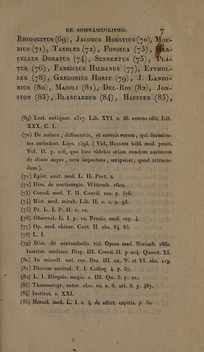 Ruopremus (69) , Jacosus Honsrius (70), Moz- rus (71), TAxnrEn (72) , Fowseca (73), WMfn- cELLUS DowarUs (74), SrwwERTUs (75), Pra- TER (76), Fasnicrus Hirpawus (77), Errwur- LER (78), GnEconrus Honsr (79), J. Lawzo- xius (80), Masorr (81), Dzr-Rro (82), Jox- STON (83) ; Drawcanpus (84), Harrren (85), (69) Lect. antiquor. 1517. Lib. XVI, c. 36. recens edit, Lib. - XXX. C. I. (70) De natura , differentiis, et caussis eorum , qui dormien- .tes ambulant. Lips. 1593. ( Vid, HarrEmr bibl med. pract. Vol. lI. p. 216, quo loco videbis etiam eundem auctorem de dente aupeo, vera impostura , scripsisse, quod teüneh- dum ). (71) Epist. anat. med. L. II. Part; 2. (72) Diss. de noclisurgio. Wittemb. 1i6o2. (73) ConsiL med. T. ll. Consil. roo. p. 576. (74) Hist. med. mirab. Lib. lI. c. x. p. 93. (75) Pr. Li; E: DAL) o::10 (76) Observat. L. I p. 12. Praxis. med; cap. 4. (77) Op. med. chirur. Cent. II. obs. 84. 85. (78) L. I. | à | (79) Diss. de mnoctambulis. vid. Opera med. Norimb. 1660. Institut. medicar. Disp. III. Coron.ll. p. 204. Quaest. XI. (80) In miscell. nat. cur. Dec. III. an. V. et VI. obs. 119. (81) Dierum canieul. T. i. Colloq. 4. p. $7. (82) L. I. Disquis. magic. c. III. Qu. 3. p. 22. (83) Thaumatogr,, natur. clas. 10. c, 6. art. 6. p. 487. (84) Institut. c. XXI