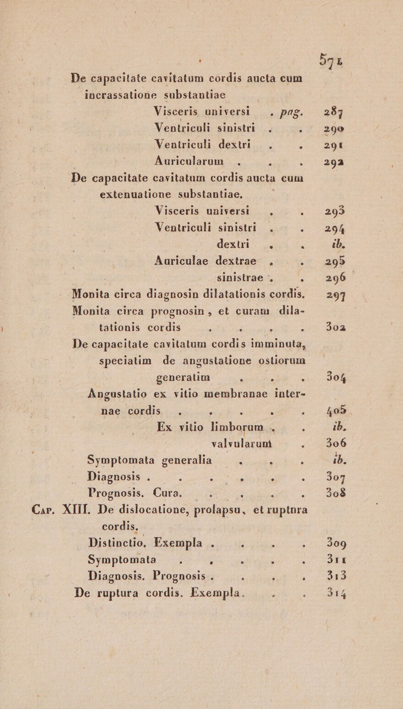 De capacitate cavitatum cordis aucta cum incrassatione substantiae | | Visceris universi — . pag. Ventriculi sinistri. - Ventriculi dextri... f Auricularum . . h De capacitate cavitatum cordis aucta cum extenuatione substantiae, Visceris univers! , í Ventriculi sinistri . * dexii s Auriculae dextrae ,. . . sinistrae . ji Monita circa diagnosin dilatationis cordis. Monita circa prognosin, et curam dila- tationis cordis ^ ; : : De capacitate cavitatum cordis imminuta, speciatim de angustatione osliorum generatim : : ; Angustatio ex vitio membranae inter- nae cordis . : : CE Ex vitio limborum . ; valvularunm : Symptomata generalia. [s ; à Diagnosis . s i í 5 ^ Prognosis. Cura. — . t : ; Car. XIII. De dislocatione, prolapsu, et ruptnra cordis, Distinctio, Exempla . ; : ; Symptomata j : . : : Diagnosis. Prognosis . RR , De ruptura cordis. Exempla. : ;