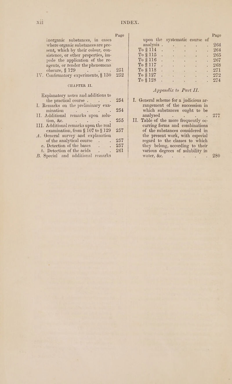 inorganic substances, in cases where organic substances are pre- sent, which by their colour, con- sistence, or other properties, im- pede the application of the re- agents, or render the phenomena obscure, § 129 : LY. Confirmatory experiments, A 130 CHAPTER II. Explanatory notes and additions to the practical course . [. Remarks on the Ba exa- mination II. Additional remarks upon solu- tion, &amp;c. II]. Additional remarks upon the real examination, from § 107 to $129 A. General survey and explanation of the analytical course &lt; Detection of the bases Detection of the acids B. Special and additional remarks Page 251 252 254 254 255 257 257 257 261 upon the systematic course of analysis . ‘ To § 114 To §115 To $116 Tory To §118 To $127 To § 128 Appendi« to Part Il, I. General scheme for a judicious ar- rangement of the succession in which substances ought to be analysed : II. Table of the more frequently 0¢- curring forms and combinations of the substances considered in the present work, with especial regard to the classes to which they belong, according to their various degrees of solubility in water, &amp;c. Page 264 264 265 267 268 271 272 274 280