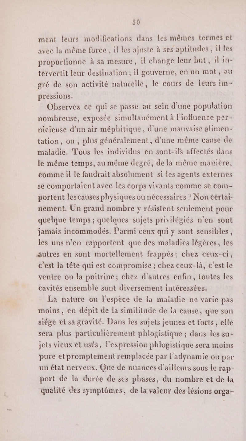 ment leurs modifications dans les mêmes termes et avec la même force , il les ajuste à ses aptitudes , il les proportionne à sa mesure, il change leur but, il in- tervertit leur destination ; il gouverne, en un mot, au gré de son activité naturelle, le cours de leurs im- pressions. Observez ce qui se passe au sein d'une population nombreuse, exposée simultanément à l'influence per- nicieuse d'un air méphitique, d'une mauvaise alimen- tation, ou, plus généralement, d’une même cause de maladie. Tous les individus en sont-1ls affectés dans le même temps, au même degré, de la même manière, comme il le faudrait absolument si les agents externes se comportlaient avec Îles corps vivants comme se com- portent lescauses physiques ou nécessaires ? Non certai- nement. Ün grand nombre y résistent seulement pour quelque temps ; quelques sujets privilégiés n’en sont jamais incommodés. Parmi ceux qui y sont sensibles, les uns n’en rapportent que des maladies légères, les autres en sont mortellement frappés; chez ceux-ci, c’est la tête qui est compromise ; chez ceux-là, c’est le ventre ou la poitrine; chez d'autres enfin, toutes les cavités ensemble sont diversement intéressées. La nature ou l'espèce de la maladie ne varie pas moins, en dépit de la similitude de la cause, que son siége et sa gravité. Dans les sujets jeunes ct forts , elle séra plus particulièrement phlogistique ; dans les su- jets vieux ét usés, l'expression phlogistique sera moins pure etpromptement remplacée par l'adynamie ou par un état nerveux. Que de nuances d'ailleurs sous le rap- port de la durée de ses phases, du nombre et de la qualité des symptômes, de la valeur des lésions orga-