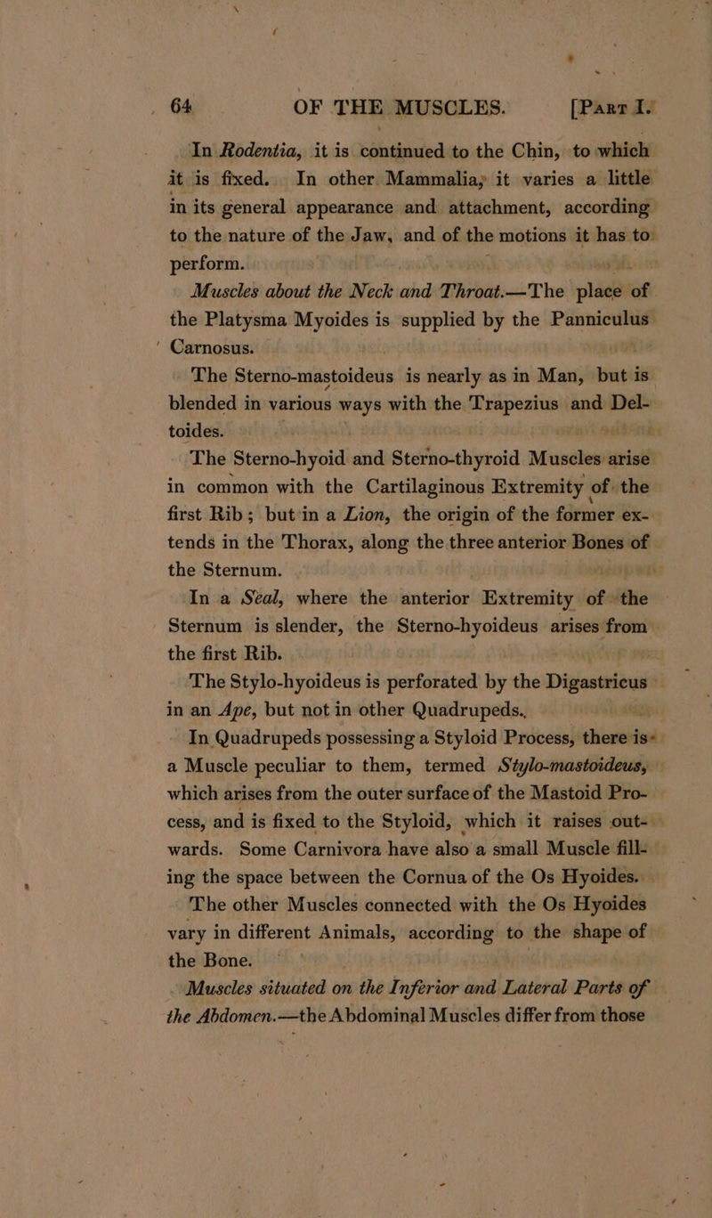 In Rodentia, it is continued to the Chin, to which it is fixed. In other Mammalia) it varies a little in its general appearance and attachment, according to the nature of the Jaw, and of the motions it has to: perform. Muscles about the Neck and Throat.—The inp of | the Platysma Myoides is supplied by the Panniculus ‘ Carnosus. — | The Sterno-mastoideus is nearly as in Man, ae is blended in various ways with the Trapezius and Del- toides. . The Sterno-hyoid and Sterno-thyroid Muscles arise in common with the Cartilaginous Extremity of the first Rib; but:in a Lion, the origin of the former ex-— tends in the Thorax, along the three anterior Bones of the Sternum. | . In a Seal, where the anterior Extremity of \ the - Sternum is slender, the Sterno-hyoideus arises from the first Rib. : The Stylo-hyoideus is perforated By the Digati Ys in an Ape, but not in other Quadrupeds., : In Quadrupeds possessing a Styloid Process, there is a Muscle peculiar to them, termed Stylo-mastoideus, — which arises from the outer surface of the Mastoid Pro- cess, and is fixed to the Styloid, which it raises out-— wards. Some Carnivora have also a small Muscle fill- — ing the space between the Cornua of the Os Hyoides. — The other Muscles connected with the Os Hyoides vary in different Animals, sat ais to the shape of | the Bone. Muscles situated on the I ares and Lateral Parts of — the Abdomen.—the Abdominal Muscles differ from those