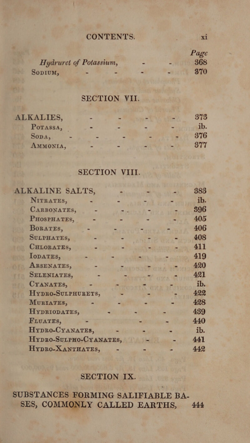 Page Hydruret of Potassium, - - 368 Sopium, - . “ 370 SECTION VII. ALKALIES, - ‘ . s 373 PoTassa, _ - = . - ib. Sopa, - : . « . 376 AMMONIA, = a s 377 SECTION VIII. ALKALINE SALTS, : - a 383 NITRATES, . - - ib. CARBONATES, . “ - . 396 PHOSPHATES, - - - 405 Borates, - . 0 - 406 SULPHATES, - - - = 408 CHLORATES, - - - - 411 IoDATEs,  - - 419 ARSENATES, - ~ = “ 420 SELENIATES, - - - - 421 CYANATES, - - - - ib. Hypro-SuLPHURETS, . “ - 422 MouriatTEs, - ~ - - 428 HypriopaTEs, &lt; ‘ a 439 FivatEs, - - - 440 Hypro-CyaNatTEs, . : - ib. Hypro-SutpHo-CyaNatTEs, - “ 441 Hypro-XANTHATES, &lt; . - 442 SECTION IX. SUBSTANCES FORMING SALIFIABLE BA- SES, COMMONLY CALLED EARTHS, 444