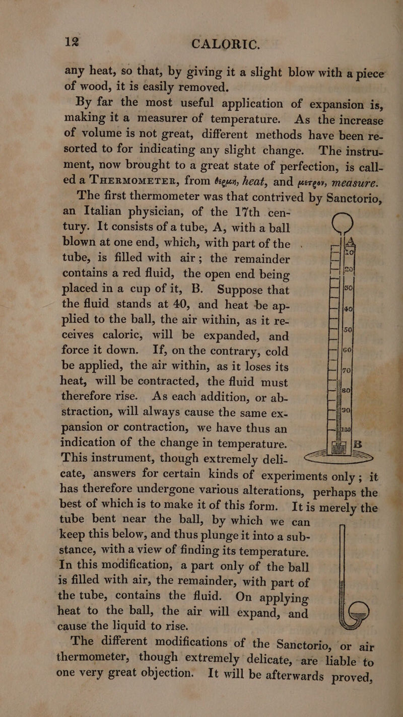 any heat, so that, by giving it a slight blow with a piece’ of wood, it is easily removed. By far the most useful application of expansion is, making it a measurer of temperature. As the increase of volume is not great, different methods have been re- sorted to for indicating any slight change. The instru- ment, now brought to a great state of perfection, is call- ed a THERMOMETER, from ésguen, heat, and weresr, medsure. The first thermometer was that contrived by Sanctorio, an Italian physician, of the 17th cen- tury. It consists of a tube, A, with a ball blown at one end, which, with part of the tube, is filled with air; the remainder contains a red fluid, the open end being placed in a cup of it, B. Suppose that the fluid stands at 40, and heat be ap- plied to the ball, the air within, as it re- ceives caloric, will be expanded, and force it down. If, on the contrary, cold be applied, the air within, as it loses its heat, will be contracted, the fluid must therefore rise. As each addition, or ab- straction, will always cause the same ex- pansion or contraction, we have thus an indication of the change in temperature. This instrument, though extremely deli- ; cate, answers for certain kinds of experiments only ; it 3 U4 * has therefore undergone various alterations, perhaps the best of which is to make it of this form. It is merely the tube bent near the ball, by which we can keep this below, and thus plunge it into a sub- stance, with a view of finding its temperature. In this modification, a part only of the ball is filled with air, the remainder, with part of the tube, contains the fluid. On applying heat to the ball, the air will expand, and cause the liquid to rise. . The different modifications of the Sanctorio, or air thermometer, though extremely delicate, are liable to one very great objection. It will be afterwards proved,
