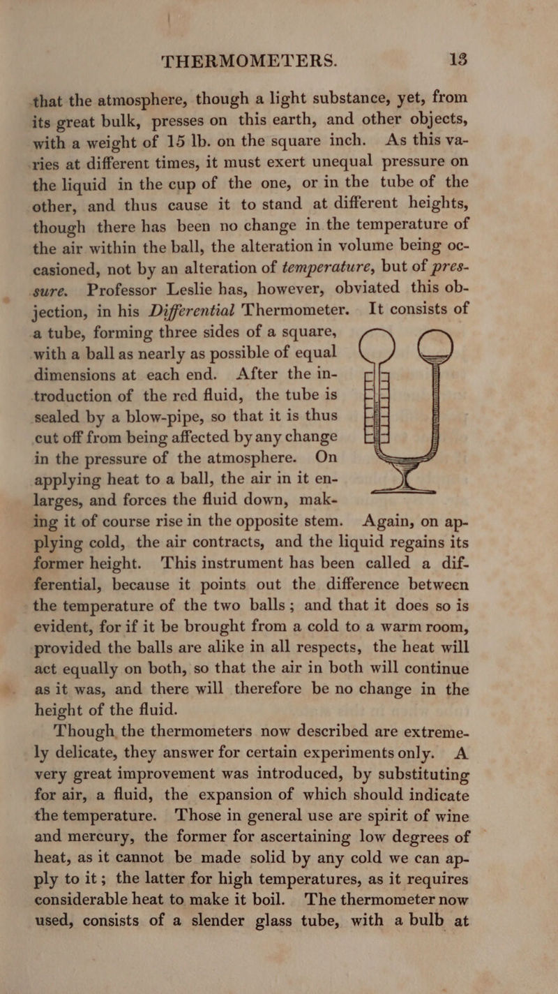 that the atmosphere, though a light substance, yet, from its great bulk, presses on this earth, and other objects, with a weight of 15 lb. on the square inch. Ass this va- vies at different times, it must exert unequal pressure on the liquid in the cup of the one, or in the tube of the other, and thus cause it to stand at different heights, though there has been no change in the temperature of the air within the ball, the alteration in volume being oc- casioned, not by an alteration of temperature, but of pres- sure. Professor Leslie has, however, obviated this ob- jection, in his Differential Thermometer. It consists of a tube, forming three sides of a square, with a ball as nearly as possible of equal dimensions at each end. After the in- troduction of the red fluid, the tube is sealed by a blow-pipe, so that it is thus cut off from being affected by any change in the pressure of the atmosphere. On applying heat to a ball, the air in it en- larges, and forces the fluid down, mak- ing it of course rise in the opposite stem. Again, on ap- plying cold, the air contracts, and the liquid regains its former height. This instrument has been called a dif- ferential, because it points out the difference between the temperature of the two balls; and that it does so is evident, for if it be brought from a cold to a warm room, provided the balls are alike in all respects, the heat will act equally on both, so that the air in both will continue as it was, and there will therefore be no change in the height of the fluid. Though the thermometers now described are extreme- ly delicate, they answer for certain experimentsonly. A very great improvement was introduced, by substituting for air, a fluid, the expansion of which should indicate the temperature. ‘Those in general use are spirit of wine and mercury, the former for ascertaining low degrees of | heat, as it cannot be made solid by any cold we can ap- ply to it; the latter for high temperatures, as it requires considerable heat to make it boil. The thermometer now used, consists of a slender glass tube, with a bulb at