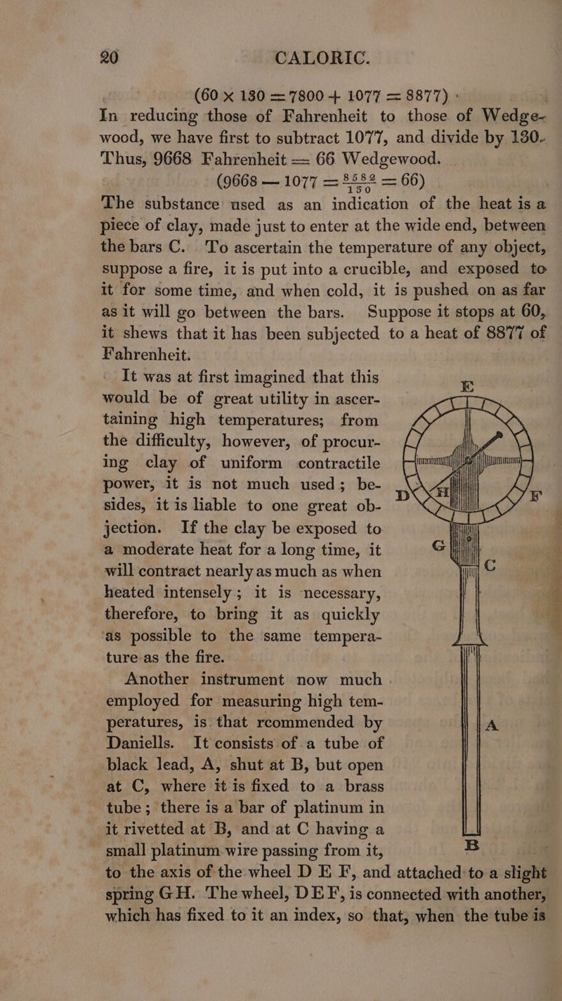 (60 x 130 = 7800 + 1077 = 8877) : In reducing those of Fahrenheit to those of Wedge- wood, we have first to subtract 1077, and divide by 130. bai 9668 Fahrenheit — 66 Wedgewood. (9668 — 1077 = £582 = 66) The substance used as an catlias Gan of the heat is a piece of clay, made just to enter at the wide end, between the bars C. To ascertain the temperature of any object, suppose a fire, it is put into a crucible, and exposed to it for some time, and when cold, it is pushed on as far as it will go between the bars. Suppose it stops at 60, it shews that it has been subjected to a heat of 8877 of Fahrenheit. It was at first imagined that this would be of great utility in ascer- taining high temperatures; from the difficulty, however, of procur- ing clay of uniform contractile power, it is not much used; be- sides, it is liable to one great ob- jection. If the clay be exposed to a moderate heat for a long time, it will contract nearly as much as when heated intensely; it is necessary, therefore, to bring it as quickly ‘as possible to the same tempera- ture as the fire. Another instrument now much . employed for measuring high tem- peratures, is that recommended by Daniells. It consists of a tube of black lead, A, shut at B, but open at C, where it is fixed to a brass tube ; there is a bar of platinum in it rivetted at B, and at C having a small platinum wire passing from it, B to the axis of the wheel D E F, and attached:to a shigil spring GH. 'The wheel, DEF, is connected with another, which has fixed to it an index, so that, when the tube is