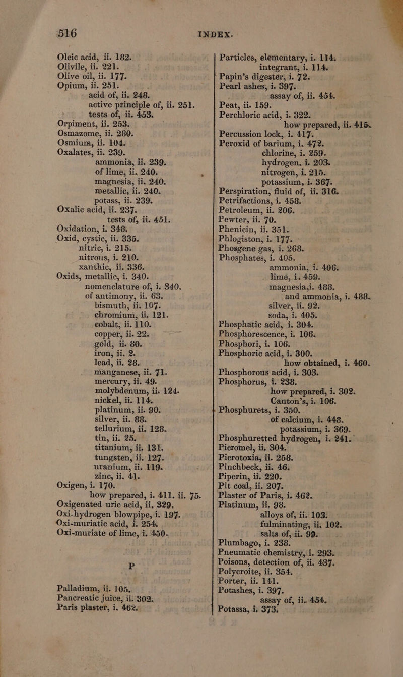 Oleic acid, ii. 182. Olivile, ii. 221. Olive oil, ii. 177. Opium, ii. 251. acid of, ii. 248. active principle of, ii. 251. tests of, ii. 453. Orpiment, ii. 253. Osmazome, ii. 280. Osmium, ii. 104. Oxalates, ii. 239. ammonia, ii. 239. of lime, ii. 240. magnesia, ii. 240. metallic, ii. 240. potass, li. 239. Oxalic acid, ii. 237. tests of, ii. 451. Oxidation, i. 348. Oxid, cystic, ii. 335. nitric, i. 215. nitrous, i. 210. xanthic, ii. 336. Oxids, metallic, i. 340. nomenclature of, i. 340. of antimony, ii. 63. bismuth, ii. 107. chromium, ii. 121. cobalt, ii. 110. copper, ii. 22. gold, ii. 80. iron, ii. 2. lead, ii. 28. manganese, ii. 71. mercury, ii. 49. molybdenum, ii. 124. nickel, ii. 114. platinum, ii. 90. silver, ii. 88. tellurium, ii, 128. tin, ii. 25. titanium, ii. 131. tungsten, ii. 127. — uranium, ii. 119. zinc, ii, 41. Oxigen, i. 170. how prepared, i. 411. ii. 75. Oxigenated uric acid, ii. 329. Oxi. hydrogen blowpipe, i. 197. Oxi-muriatic acid, i. 254. Oxi-muriate of lime, i. 450. - P ‘ Palladium, ii. 105. Pancreatic juice, ii: 302. Paris plaster, i. 462. Particles, elementary, i. 114. — integrant, i. 114. Papin’s digester, i. 72. Pearl ashes, i. 397. assay of, ii. 454. how prepared, ii. 415. chlorine, i. 259. hydrogen, i. 203. nitrogen, i. 215. potassium, i. 367. Perspiration, fluid of, ii. 316. Petrifactions, i. 458. Petroleum, ii. 206. Pewter, ii. 70. Phenicin, ii. 351. Phlogiston, i. 177. Phosgene gas, i. 268. Phosphates, i. 405. _ ammonia, i. 406. . lime, 1. 459. _ magnesia,i. 488. and ammonia, i. 488. silver, ii. 92. soda, i. 405. : Phosphatic acid, i. 304. Phosphorescence, i. 106. Phosphori, i. 106. Phosphoric acid, i. 300. how obtained, i. 460. Phosphorous acid, i. 303. Phosphorus, i. 238. how prepared, i. 302. Canton’s, i. 106. Phosphurets, i. 350. . of calcium, i. 448. . potassium, i. 369. Phosphuretted hydrogen, i. 241. Picromel, ii. 304. Picrotoxia, ii. 258. Pinchbeck, ii. 46. Piperin, ii. 220. Pit coal, ii. 207. Plaster of Paris, i. 462. Platinum, ii. 98. alloys of, ii. 103. fulminating, ii, 102. salts of, ii. 99. ) Plumbago, i. 238. Pneumatic chemistry, i. 293. Poisons, detection of, ii. 437. Polycroite, ii. 354. Porter, ii. 141. Potashes, i. 397. assay of, ii. 454,