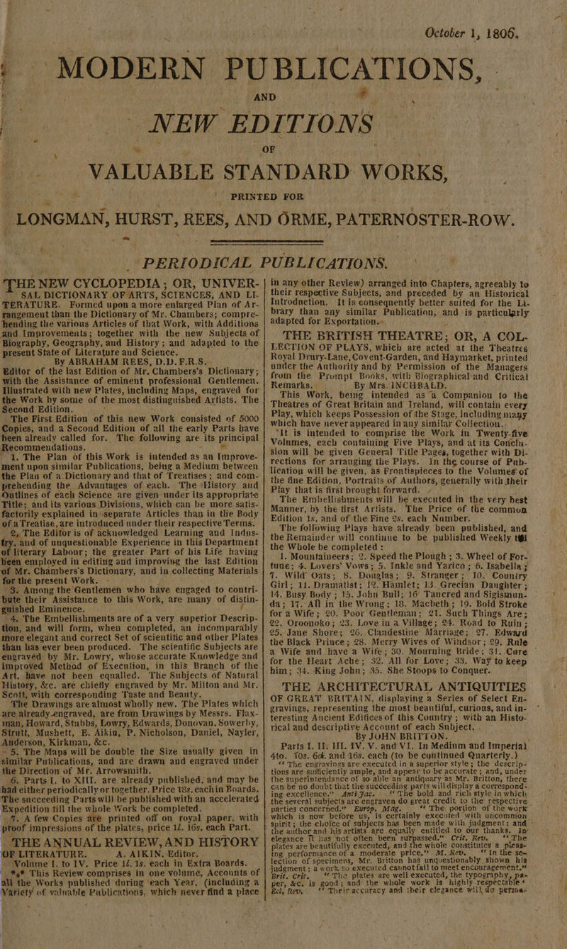 VALUABLE BLICATIONS, D Ls — / Sy ‘THE NEW CYCLOPEDIA; OR, UNIVER- SAL DICTIONARY OF ARTS, SCIENCES, AND LI- TERATURE. Formed upon a more enlarged Plan of Ar- rangement than the Dictionary of Mr. Chambers; compre- ending the various Articles of that Work, with Additions and Improvements; together with the new Subjects of Biography, Geography, and History ; and adapted to the present State of Literature and Science. j By ABRAHAM REES, D.D.F.R.S. Editor of the last Edition of Mr. Chambers’s Dictionary ; with the Assistance of eminent professional Gentlemen. Illustrated with new Plates, including Maps, engraved for the Work by some of the most distinguished Artists. The Second Edition. f % The First Edition of this new Work consisted of 5000 Copies, and a Second Edition of all the early Parts have heen already called for. The following are its principal Recommendations. She ' 4. The Plan of this Work is intended as an Improve- ment upon similar Publications, being a Medium between the Plan of a.Dictionary and that of Treatises ; and com-: prehending the Advantages of each. The ‘History and Outlines of each Science are given under its appropriate Title; and its various Divisions, which can be more satis- factorily explained in»separate Articles than in the Body of a Treatise, are introduced under their respective Terms. _ 2, The Editor is of acknowledged Learning and Indus- try, and of unquestionable Experience in this Department of literary Labour; the greater Part of his Life having been employed in editing and improving the last Edition for the present Work. \ ' 8. Among the Gentlemen who have engaged to contri- bute their Assistance to this Work, are many of distin- guished Eminence. ' 4, The Embellishments are of a very superior Descrip- tion, and will form, when completed, an incomparably more elegant and correct Set of scientific and other Plates than has ever been produced. The scientific Subjects are engraved: by Mr. Lowry, whose accurate Knowledge and improved Method of Execution, in this Branch of the Art, have not been equalled. The Subjects of Natural History, éc. are chiefly engraved by Mr. Milton and Mr. Scott, with corresponding Taste and Beauty. The Drawings are almost wholly new. The Plates which are already engraved, are from Drawings by Messrs. Flax- man, Howard, Stubbs, Lowry, Edwards, Donovan, Sowerhy, Strutt, Mushett, E. Aikin, P. Nicholson, Daniel, Nayler, Auderson, Kirkman, &amp;c. ° : - 5. The Maps will be double the Size usually given in similar Publications, and are drawn and engraved under the Direction of Mr. Arrowsmith. , 6. Parts I. to XIII. are already published; and may be had either periodically or together. Price 18s, eachin Boards. The succeeding Parts will be published with an accelerated Expedition till the whole Work be completed. 7. A tew Copies aré printed off on royal paper, with proof impressions of the plates, price 12. 16s, each Part. ‘OF LITERATURE. A. AIKIN, Editor. Volume {. to IV. Price 12. 1s. each in Extra Boards. *,* This Review comprises in one volume, Accounts of all the Works published during ‘each Year, (including a Variety of valuable Publications, which never find a place in any other Review) arranged into Chapters, agreeably to their respective Subjects, and preceded by an Historical Introduction, It is consequently better suited for the Li- brary than any similar Publication, and is particularly adapted for Exportation= THE BRITISH THEATRE; OR, A COL- LECTION OF PLAYS, which are acted at the Theatres under the Authority and by Permission of the Managers from the Prumpt Books, with Biographical‘and Critical Remarks. By Mrs, INCHBALD. This Work, being intended as “a Companion to the Theatres of Great Britain and Ireland, will contain every Play, which keeps Possession of the Stage, including mayy which have never appeared in any similar Collection.- It is intended to comprise the Work in Twenty-five Volumes, each containing Five Plays, and at its Conclu- sion will be given General Title Pages, together with Di- rections for arranging the Plays. In the course of Pub- lication will be given, as Frontispieces to the Volumes: of Play that is first brought forward. . The Embellishments will be executed in the very best Manner, by the first Artists. The Price of the commun Edition 1s. and of the Fine 2s. each Number. The following Plays have already been published, and the Remainder will continue to be published Weekly t@l the Whole be completed : : . 1. Mountaineers; 2. Speed the Plough ; 3. Wheel of For- tune; 4. Lovers’ Vows; 5. Inkle and Yarico; 6. Isabella ; 7. Wild Oats; 8. Douglas; 9. Stranger; 10. Country Girl; 11. Dramatist; 12. Hamlet; 13. Grecian Danghter ; 14. Busy Body ; 15. John Buil;. 16° Tancred and Sigismun- da; 17. All in the Wrong; 18. Macbeth; 19. Bold Stroke for a Wife; 20. Poor Gentleman; £1, Sach Things Are; 22. Oroonoko; 23. Love in a Village; 24. Road to Ruin; 25. Jane Shore; 26.,Clandestine Marriage; 27. Edward the Black Prince; 28. Merry Wives of Windsor; 29. Rule a Wife and have a Wife; 30. Mourning Bride; 31. Care ~ for the Heart Ache; 32. All for Love; 33. Way to keep him; 34. King John; 35. She Stoops to Conquer. THE ARCHITECTURAL ANTIQUITIES OF GREAT BRITAIN. displaying a Series of Select En. gravings, representing the most beautiful, curious, and in- teresting Ancient Editices of this Country ; with an Histo- rical and descriptive Account of each Subject. . By JOHN BRITTON. 2 Parts 1. If. IL FV. V. and VI. In Medinm and Imperia} 4to. TOs. 64. and 16s. each (to be centinued Quarterly.) *¢ The engravings are executed in a superior style; the descrip- tions are sufficiently ample, and appear to be accurate ; and, under the superintendance of so able an antiquary as Mr. Britton, there can be no doubt that the succeeding parts willdisplay a correspond- ing excellence.” Anti Fac. Phe bold and rich style in which the several subjects are engraven do great credit to the respective parties concerned.” Europ, Mag. *« The, portion of the work which is now before us, is certainly executed withk uncommon e authorand his artists are equally entitled to our thanks. Iw elegance it has not often been surpassed.” Crit, Rev. ‘‘ The plates are beautifully executed, and the whole constitutes a pleas- ing performance of a moderate price.” M.Rev. “In the se~ lection of specimens, Mr. Britton has unquestionably shown his judgment: a work so executed cannot fail to meet encouragement.” Brit. Crit. ‘The plates are well executed, the typography, pa- per, &amp;c. is good; and: the whole work is highly respectable * Ect, Rev, Their accuracy and their elegance will do perma.