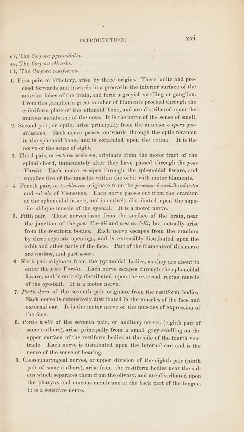 1. First pair, or olfactory, arise by three origins. These unite and pro- ceed forwards and inwards in a groove in the inferior surface of the anterior lobes of the brain, and form a greyish swelling or ganglion. From this ganglion a great number of filaments proceed through the cribriform plate of the ethmoid bone, and are distributed upon the : mucous membrane of the nose. It is the nerve of the sense of smell. drigemina. Each nerve passes outwards through the optic foramen in the sphenoid bone, and is expanded upon the retina. It is the nerve of the sense of sight. spinal chord, immediately after they have passed through the pons Varolii. Each nerve escapes through the sphenoidal fissure, and supplies five of the muscles within the orbit with motor filaments. and valeula of Vieussens. Each nerve passes out from the cranium at the sphenoidal fissure, and is entirely distributed upon the supe- rior oblique muscle of the eyeball. It is a motor nerve. the junction of the pons Varolii and crus cerebelli, but actually arise from the restiform bodies, Each nerve escapes from the cranium by three separate openings, and is extensibly distributed upon the orbit and other parts of the face. Part of the filaments of this nerve are sensitive, and part motor. | enter the pons Varolii. Each nerve escapes through the sphenoidal fissure, and is entirely distributed upon the external rectus muscle of the eye-ball. It is a motor nerve. Each nerve is extensively distributed in the muscles of the face and external ear. It is the motor nerve of the muscles of expression of the face. some authors), arise principally from a small grey swelling on the upper surface of the restiform bodies at the side of the fourth ven- tricle. Each nerve is distributed upon the internal ear, and is the nerve of the sense of hearing. pair of some authors), arise from the restiform bodies near the sul- cus which separates them from the olivary, and are distributed upon the pharynx and mucous membrane at the back part of the tongue. It is a sensitive nerve,