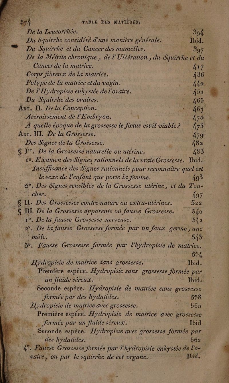 BEA. TAËLE DES ie LE Re ae) Dé la Leucorrhée. db 7 894 Du Squirrhe considéré d'une manière générale. _ Ibid. D Squirrhe et du Cancer des mamelles. MAÉ 397 De la Métrite chronique , de l’Uléération ; du Squirrhe etdu Cancer de la matrice. 417 : Corps fibreux de la matrice. Â36 Polype de la matrice etdu vagin. CC LAONR De l’Hydropisie énhystée de l'ovaire. … 45x Du Squirrhe des ovaires. . 465 Fee IT. De la Conception. ( « 463 | … Accroissement dè l'Embryon. k | 470 À quelle é époque de la grossesse le fœtus est:il viable ? 475 Ânr. IL. De la Grossesse, | LL NET _ “Des Signes dela Grossesse. À à 482 $ I. De la Grossesse naturelle ou utérine. 483 19. 0, à æamen des: Signes rationnels dé la vraie Grossesse. Ibid. Insuffi isance des Signes rationnels pour reconnaître quel èst desexe de l'enfant que porte la femme. 493 Le 2°, Des Signes sensibles de la Grossesse utérine, et du Tou- + Cher, je 27. 497 6 II. Des AR contre nature ou extra-utérines. 522 $ TILL De La Grossesse äpparente où fausse Grossesse: ‘ 5fo 1°. De la fausse Grossesse nerveuse. su à 2 2°. De la fausse Grossesse Jormée par un faux EE une Le. n | + SGA | . fausse Grossesse jo par P hy dropisie de matrice. ti | 54 4 … Hydropisie de matrice sans grossesse. Ibid. ET Première espèce. Hydropisie sans grossesse formée par À de. un Jluide Séreux. | ae | à Ibid. \ ‘Seconde espèce. Æ/ydropisie de matrice sans grossesse Jormée par des hydatides. nt D 2 11088 Hydropisie de mairice avec grossesse, 56o Première espèce. Hydropisie de matrice avec grossesse . formée PER fluide séreux. Ibid TA Bscone espèce. Æydropisie avec grossesse formée par | des hydatides. ° :562 Pc Fausse Grossesse formée par l’hy dropisie enkystée de l’o- pre ; Ou par le squirrhe de’cet organe. OU °F