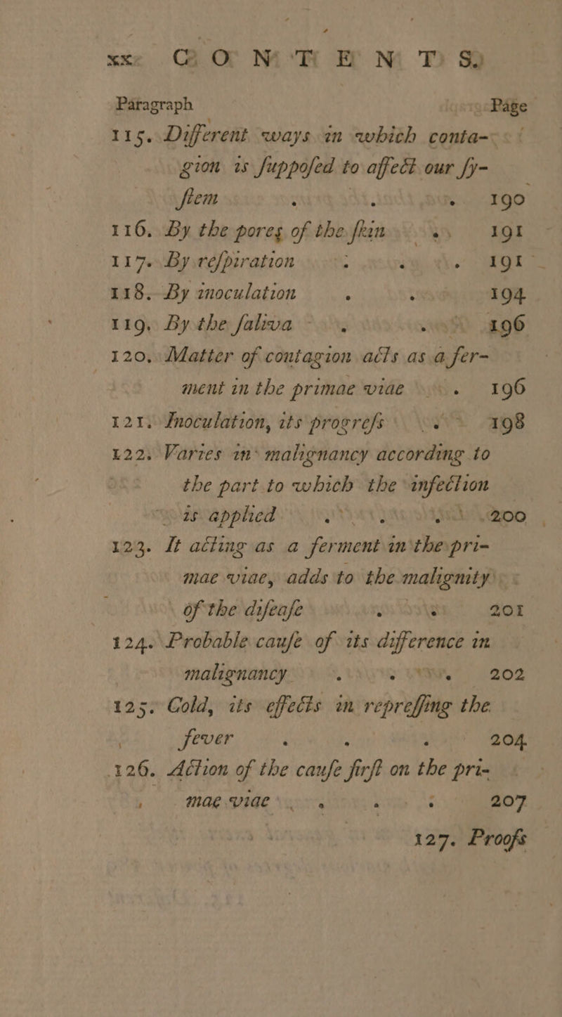 Paragraph Page 115. Different ways in whith conta-- °° gion is Suppyed t to affect our fy- fiem : : EGO” 116, By the pores of the fein.) 19 1176 By refpiration ‘ Rais 5! we 118. By inoculation f st99 194 119, By the faliva -. wD £96 120, Matter of contagion acls as.a 1 fer~ ment inthe primae viae . 196 121. Jnoculation, its progrefs . &gt; 198 122. Varies w* malignancy according to the part to which the infection 1s applied WRIA! Oy apo 123. It acting as a ferment inthe pri- mae viae, adds to the malignity \ of the difeafe Wsloahg 201 124. Probable caufe of its ae 17 malignancy &gt; WM | 202 125, Cold, its effects in veprelie the | fever ‘ : 204. 126. Action of the caufe firft on the pri- 1 ROR NEE Vai. : 207 127. Proofs