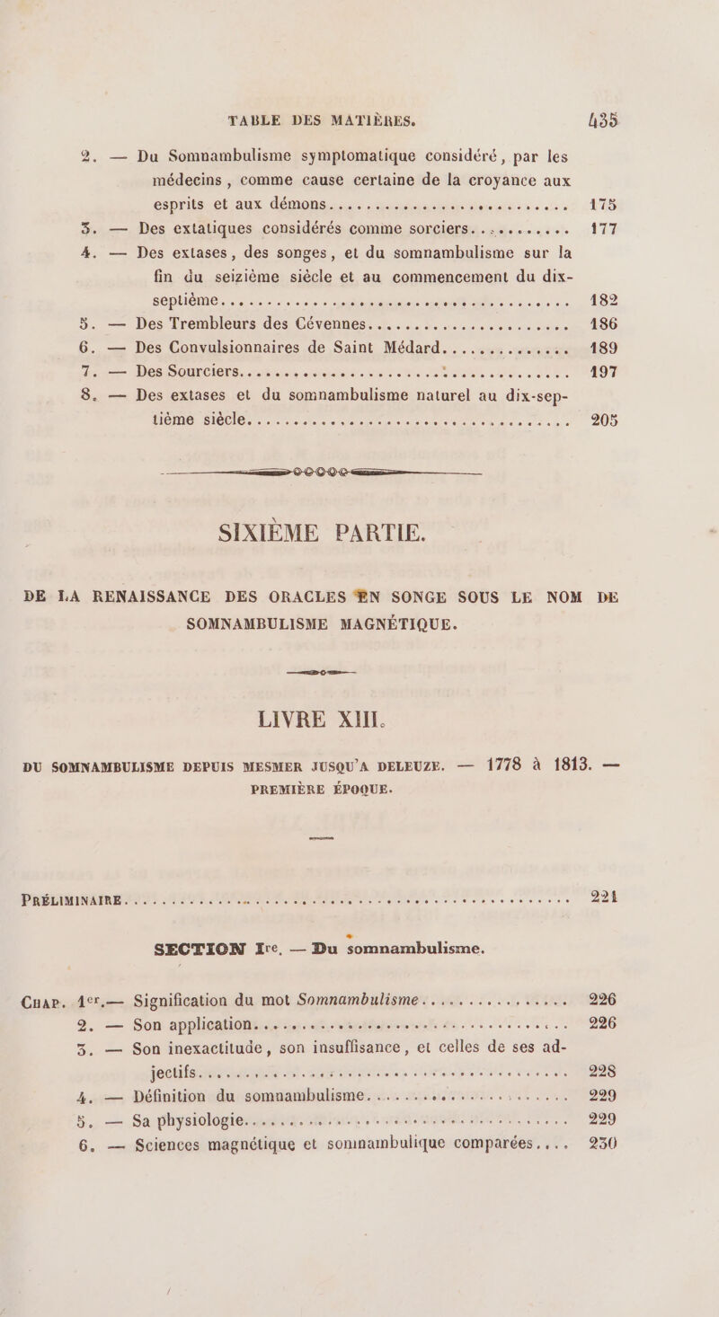 2, — Du Somnambulisme symptomatique considéré, par les médecins , comme cause certaine de la croyance aux esprits-et aux démons. ss uéates Modes es F6 3. — Des extatiques considérés comme sorciers. .......... 177 4. — Des extases, des songes, et du somnambulisme sur la fin du seizième siècle et au commencement du dix- SODHÉMES de. sécher LR ee. à. se. 182 5. — Des Trembleurs des Cévennes........,.... RÉ TS 186 6. — Des Convulsionnaires de Saint Médard............ semet89 7. — Des Sourciers....... HAINE, CERTA De eee ane 197 8. — Des extases et du somnambulisme naturel au dix-sep- tième siècle. .... EM Er le D era 205 SIXIÈME PARTIE. DE LA RENAISSANCE DES ORACLES ÆN SONGE SOUS LE NOM DE SOMNAMBULISME MAGNÉTIQUE. LIVRE XII. DU SOMNAMBULISME DEPUIS MESMER JUSQU'A DELEUZE. — 1778 à 1813. — PREMIÈRE ÉPOQUE. PRÉIMIMRMENUS .41 2 08 CURE RL RARE Te co rt of 221 SECTION Ire, — Du somnambulisme. Cuar. 1er.— Signification du mot Somnambulisme................ 226 De ee Son application. . 9.9. s'heluie obe se, ee à «ee « e 996 3. — Son inexactitude, son insuffisance, et celles de ses da jectifssee M MS. HS ENST es PERL, em 292S 4. — Définition du somnambulisme....... en Re UE ee 299 5. — Sa physiologie... .... Diet ÉD ROME 229 6. — Sciences magnétique et somnambulique comparées.,.. 230