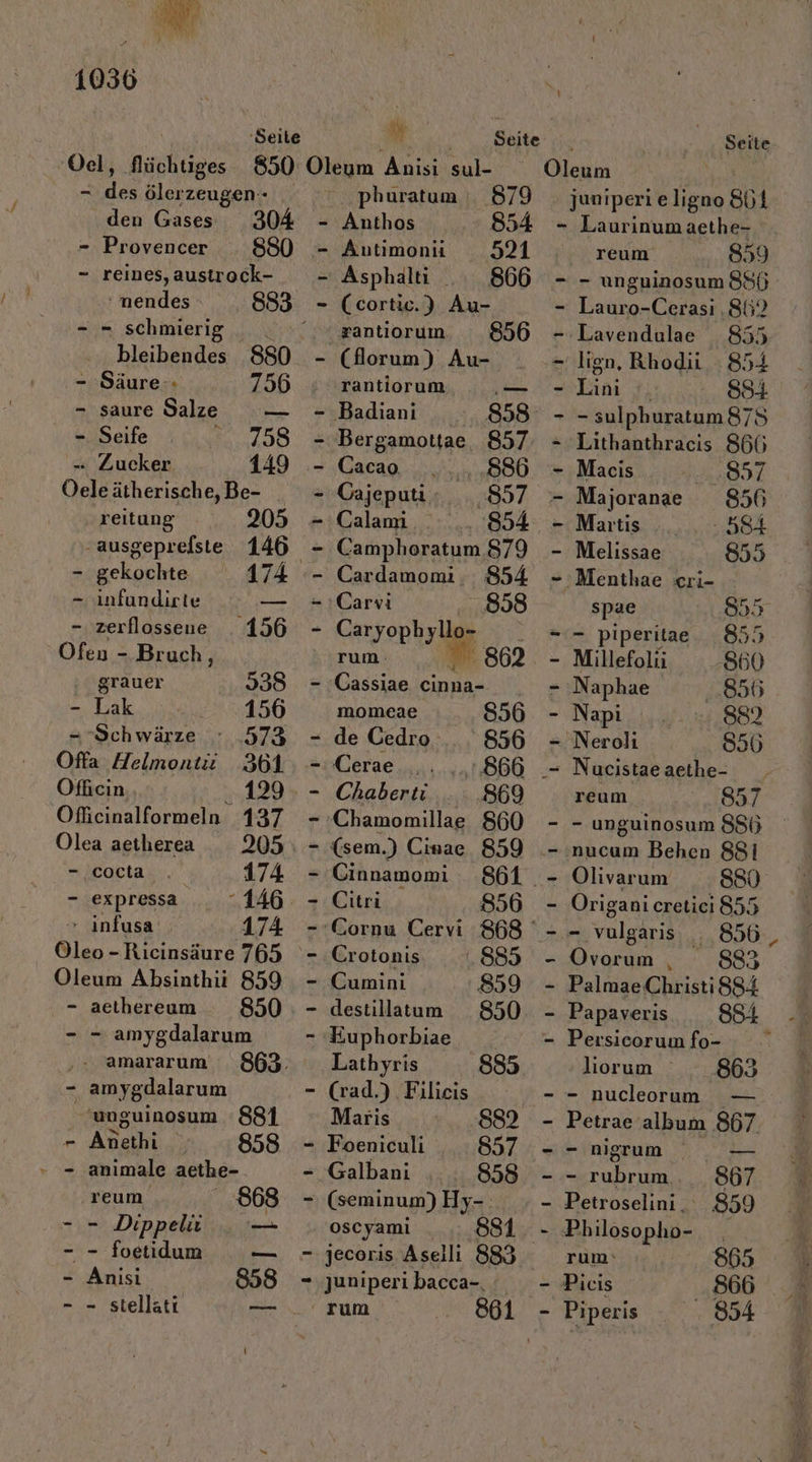 + RN ‚Seite Seite Oel, Nüchtiges 850 Oleum Anisitenll - desölerzeugen- phuratum 879 den Gases 304 - Anthos 854 - Provencer 880 - Autimonü 521 - reines,austrock- - Asphalti 866 : nendes 883 - (cortie.) Au- - = schmierig . °. zantiorum 856 bleibendes 880 - (florum) Au- - Siäure-: 756 : rantiorum ,— - saure Salze — - Badiani 858 - Seife ..798 - Bergamottae 857 - Zucker 149 - Cacao ....886 Öeleätherische, Be- - Gajeputi: 857 reitung 205 - Calami 854 ‚ausgeprelste 146 - Camphoratum 879 - gekochte 174 - Cardamomi. 854 - ıinfundirte — =» :Cari 858 - zerflossene 156 - Caryophyllo- Ofen - Bruch, rum. w grauer 938 - :Cassiae einna- ka er 156 momeae 856 = Sch wärze 373 - de Cedro _. 856 Ofta Helmonti 361, - Cerae .. ..:866 . Ofkcin.. „129 - Chaberti. .: 869 Oflicinalformeln 137 -:Chamomillae 860 Olea aetherea 205 - (sem.) Cinae 859 . - cocta 174 - Cinnamomi 861 - expressa 146 - Citri 856 » infusa 174 -Cornu Cervi 868° Oleo -Ricinsäure 765 - Crotonis .883 Oleum Absinthii 859 - Cumini 859 - aethereum - 850 : - destillatum 850 - - amygdalarum - Euphorbiae ‚. amararum 863. Lathyris 8535 - amygdalarum - (rad.) Filicis unguinosum 881 Maris 832 r Anethi | 858 - Foeniculi 897 - animale aethe- - Galbani , . 858 reum 868 - (seminum) Hy-. - = Dippelü _— oscyami . 8831. - - foetidum — n jecoris Aselli 883 - Anısi 858 - juniperi bacca-. - - stellati — _ rum Seite juniperi eligno st Laurinum aethe- reum. 859 - unguinosum 8$Ü Lauro-Cerasi 86. Lavendulae lign, Rhodii 854 Lini 854 - sulphuratum 875 Lithanthracis 866 :nucum Behen 881 Olivarum Origani creticiı 855 Macis -897 Majoranae 856 Martis 584 Melissae 855 - Menthae cxri- spae 855 - piperitae 855. Millefolii S50 Naphae ..896 Napi 882 Neroli 850 Nucistae aethe- reum. 857 x - vulgaris . 856 Ovorum , 883 Palmae Christi 884 Papaveris 884 Persicorum fo- 865 — liorum ° - nucleorum Petrae album 867 - ngrum 0 — - rubrum 867 Petroselini. 859 Philosopho- _ rum‘ 865 Picis 866 Piperis . 854