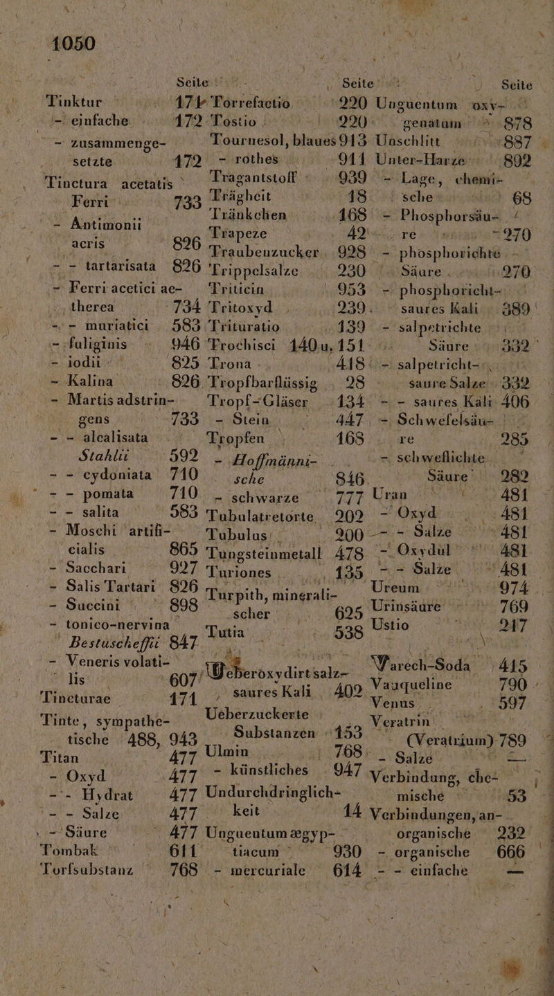 Nu Torfsubstana 768 - mercuriale Ta Ä . 1050 Seitentti ui De Seite) IE Seite MARKER Ki ‚27Y Porrefsoio, 220 Unguentum oxy- „-beinfache 172 -Tostio : 20: - genatam 5.878 =: zusammenge- | Tour nesol, blaues 913 Uaschlitt i 887 setzte 479 - rothes 911 Unter-Harze 899 ea ee Tragantstoff 939 = Lage, chemi- Ferio 733 Trägheit 18 ' sche 68 TERN Tränkchen | 165 - Phosphorsäu- / u 896 Trapeze AV... re RERTO | Traubenzucker. 998 - phösphorichte - - tartarisata 826 'Trippelsalze 230 Säure . 370 - Ferriaceticiae- Triticin 953 -- phosphoricht- ‚therea :734 Tritoxyd 239. saures Kali: v 389 Hr muriatici 583 Trituratio 1339 © - Bee = are nn a 140.u, pie ’ Säure 1832 - dodii rona - 18% - salpetricht- - Kalina 826. Tropfbarflüssig , 28 &gt; saure Salze. 332 - Martis en. Rep TTIRRER | 134 =. - saures Kali 406 gens i - Stein 447, = Schwelelsäu= | - - alcalisata Tropfen 165 re er 285 uk 2 ee. - schwellichte. Be y onıata / h Säur . 289 = pomata 710.2, ha | 816, Uran ü bi 481 -- salta 583 Tubulatretonte 209% - Osyd , 481 - Moschi artili- Tubulus: | 300 —7 Salze P 481 a 97 able ATS Be vr | Krae ADOBE N uriones ‚as, Ur palzeiı er 51 ji N, 2 Turpith, mingrali- Urcum | Be a Mu rinsäure * ei) tonico-nervina ie = Ustio A» Bestüscheffi 847 A 2 | . aa ah Rn, len al Yarkeiligodi” 415 Tineturae u Kal 402 ne 597 enus Tinte, sympathe- Ueherzuekente ae, OR | tische 488, 943 Substanzen 153 (Veratrium) 789 Titan 477 Imin a BSH St _ - Oxyd | A17 künstliches . 947 Verbindung, ches SEM Hydrat 477 Undurchdringlich- 0 mische - - Salze ' 477 keit 14 Verbindungen, an- X “ ‚Säure NT Ungueutum @gyp- organische 2% ombak 611 tiacum ” 930 - organische 614 - - einfache