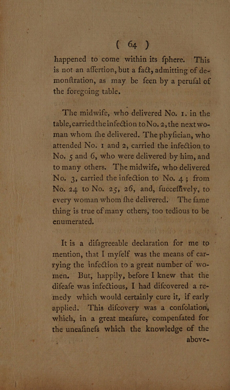 happened to come within its fphere. This is not an affertion, but a faa, admitting of de- monttration, as may be feen by a perufal of the foregoing table. The midwife, who delivered No. 1. in the table, carried theinfe@ion toNo. 2, the next wo- man whom fhe delivered. The phyfician, who attended No. 1 and 2, carried the infeGtion to No. 5 and 6, who were delivered by him, and tomany others. The midwife, who delivered No. 3, carried the infe€tion to No. 4; from No. 24, to No. 25, 26, and, fucceffively, to every woman whom fhe delivered: The fame thing is true of many others, too tedious to be enumerated. | It is a difagreeable declaration for me to ~ mention, that I myfelf was the means of car- rying the infection to a great number of wo- men, But, happily, before I knew that the ~ difeafe was infeCtious, I had difcovered a re- medy which would certainly cure it, if early applied. This difcovery was a confolation, which, in a great meafure, compenfated for — the uneafinefs which the knowledge of the ; | - above-_