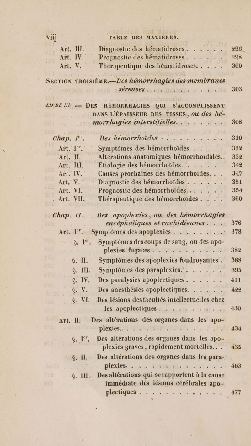 vi} Art. J. Art. IV. Art. V. TABLE DES MATIÈRES. Diagnostic des hématidroses. . . . . . Prosnostic des hématidroses. . . . . . Thérapeutique des hématidroses. . . sereses.t init. ce HE cf Chap. [°”. Art. [®. Art. I. Art. II. Art. IV. MELUN: Art. VI. AT. VIE. Chap. II. Art. 1%. G: ÉT G II. G: IL. ç. IV. ç. V. ç. VI. Art. IL GA, 6. IL. ç. Il. Des hémorrhoïides - . . . . . . . . . Symptômes des hémorrhoïdes. . . . . . Altérations anatomiques hémorrhoïdales.. Etiologie des hémorrhoïdes. . . . . . . Causes prochaines dés hémorrhoïdes. . . Diagnostic des hémorrhoïdes . . . . . . Prognostic des hémorrhoïdes... . . . . Thérapeutique des hémorrhoïdes . . . . Des apoplexies, ou des hémorrhagies encéphaliques etrachidiennes . . . Symptômes des coups de sang, ou des apo- plexiesifugaces5.5100i, LEE Symptômes des apoplexies foudroyantes . Symptômes des paraplexies.'. . . . . . Des paralysies apoplectiques . . . . . . Des anesthésies apoplectiques. . . . . . Des lésions des facultés intellectuelles chez les ADODMECÉIQUESS sé. - 1éc DICO ENLOUMENENMENTE, 1 PR Des altérations des organes dans les apo- plexies graves, rapidement mortelles... Des altérations des organes dans les para- piexieas, Lie Ages is sue | Des altérations qui serapportent à la cause immédiate des lésions cérébrales apo- pléchiques:. . : . . . - . tro 296. 298 300 303 308 310 312 332 342 347 351 354 360 376 378 382 388 395 Alt à 492 430 434 435 463 477