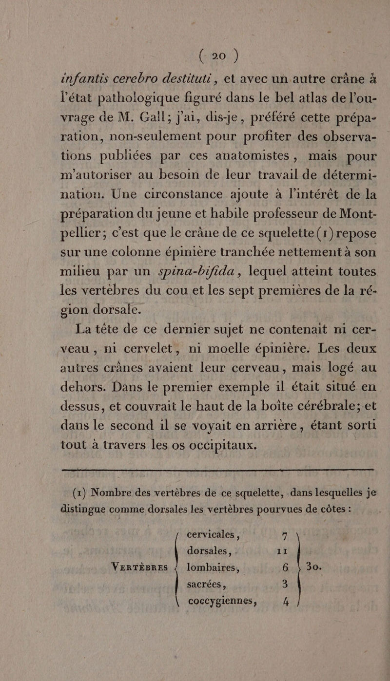 infantis cerebro destituti, et avec un autre crâne à l'état pathologique figuré dans le bel atlas de l’ou- vrage de M. Gall; j'ai, dis-je, préféré cette prépa- ration, non-seulement pour profiter des observa- tions publiées par ces anatomistes, mais pour m'autoriser au besoin de leur travail de détermi- nation. Une circonstance ajoute à l'intérêt de la préparation du jeune et habile professeur de Mont- pellier; c'est que le crâne de ce squelette(r) repose sur une colonne épinière tranchée nettement à son milieu par un spina-bifida, lequel atteint toutes les vertèbres du cou et les sept premières de la ré- gion dorsale. | La tête de ce dernier sujet ne contenait ni cer- veau , ni cervelet, n1 moelle épinière. Les deux autres cranes avaient leur cerveau, mais logé au dehors. Dans le premier exemple il était situé en dessus, et couvrait le haut de la boîte cérébrale; et dans le second 1il se voyait en arrière, étant sorti tout à travers les os occipitaux. (x) Nombre des vertèbres de ce squelette, dans lesquelles je distingue comme dorsales les vertèbres pourvues de côtes : cervicales, dorsales, 1 7 I VErRTÈBRES { lombaires, 6 \ 30. sacrées, 3 k coccygiennes,