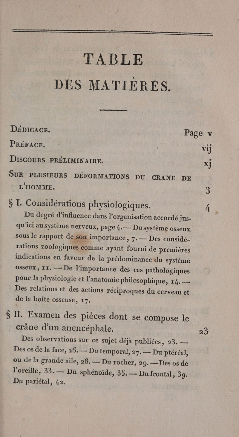 TABLE DES MATIÈRES. Dépicaces. Page v PRÉFACE. vi] Discours PRÉLIMINAIRE. x] SUR PLUSIEURS DÉFORMATIONS DU CRANE DE L'HOMME. S L. Considérations physiologiques. Du degré d'influence dans l’organisation accordé jus- qu'ici ausystème nerveux, page 4.— Du système osseux sous le rapport de son importance, 7. — Des considé- rations zoologiques comme ayant fourni de premières indications en faveur de la prédominance du système OSSeUx, 11. — De l'importance des cas pathologiques pour la physiologie et l'anatomie philosophique, 14.— Des relations et des actions réciproques du cerveau et de la boîte osseuse, 17. S IL. Examen des pièces dont se compose le crâne d’un anencéphale. Des observations sur ce sujet déjà publiées, 23. — Des os de la face, 26.— Du temporal, 27.— Du ptéréal, ou de la grande aile, 28. Du rocher, 29.— Des os de l'oreille, 33. — Du sphénoïde, 35. — Du frontal, 39. Du pariétal, 42. s 23