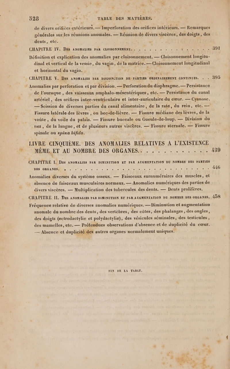 de divers orifices extérieurs. — Imperforation des orifices intérieurs. — Remarques générales sur les réunions anomales. — Réunion dé divers viscères, des doigts, des dents, etc. 7e CHAPITRE 1V. DES ANOMALIES PAR CLOISONNEMENT,.. « « + « + « « + € « + + «+ : Définition et explication des anomalies par cloisonnement, — Cloisonnement longitu- dinal et vertical de la vessie, du vagin, de la matrice. —Cloisonnement longitudinal et horizontal du vagin. & CHAPITRE V. Des ANOMALIES PAR DISJONCTION DE PARTIES ORDINAIREMENT CONTINUES. . : Anomalies par perforation et par division. — Perforation du diaphragme. — Persistance de l’ouraque , des vaisseaux omphalo- mésentériques, etc. — Persistänce du canal artériel, des orifices inter-ventriculaire et inter-auriculaire du cœur. — Cyanose. — Scission de diverses parties du canal alimentaire, de la rate, du rein, etc. — Fissure latérale des lèvres , ou bec-de-lièvre. — Fissure médiane des lèvres, de la voûte , du voile du palais. — Fissure buccale ou Gueule-de-loup. — Division du nez, de la langue, ét de plusieurs autres viséères. — Fissure sternale. — Fissure spinale ou spina bifida. LIVRE CINQUIÈME. DES ANOMALIES RELATIVES A L'EXISTENCE 391 399 CHAPITRE I. Des ANOMALIES PAR DIMINUTION ET PAR AUGMENTATION DU NOMBRE DES PARTIES DES. ORGANES ES, ee Le ss ii le Mae CD) - sets Anomalies diverses du système osseux. — Faisceaux surnuméraires des muscles, et absence de faisceaux musculaires normaux.— Anomalies numériques des parties de divers viscères. — Multiplication des tubercules des dents. — Dents prolifères. CHAPITRE IL. Des ANOMALIES PAR DIMINUTION ET PAR AUGMENTATION DU NOMBRE DES ORGANES. Fréquence relative de diverses anomalies numériques. —Diminution et augmentation anomale du nombre des dents, des vertèbres, des côtes, des phalanges , des ongles, des doigts (ectrodactylie et polydactylie), des vésicules séminales, des testicules, des mamelles, etc. — Prétendues observations d’absence et de duplicité du cœur. — Absence et duplicité des autres organes normalement uniques. FIN DE LA TABLT. 458