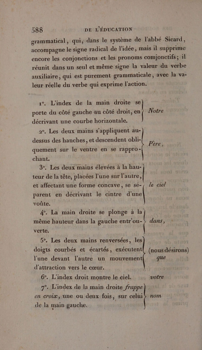 grammatical, qui, dans le système de l'abbé Sicard, accompagne le signe radical de l'idée, mais il supprime encore les conjonctions et les pronoms comjonctifs ; 1l réunit dans un seul et même signe la valeur du verbe auxiliaire, qui est purement grammaticale, avec Ja va- leur réelle du verbe qui exprime l'action. 1°, L'index de la main droite se porte du côté gauche au côté droit, en Notre décrivant une courbe horizontale. | 2, Les deux mains s'appliquent au- dessus des hanches, et descendent : Père quement sur le ventre en se rappro- Chant. 3°. Les deux mains élevées à la bau- teur de la tête, placées l’une sur l’autre, et affectant une forme concave, se sé-, le ciel parent en décrivant le cintre dunel voûte. même hauteur dans la gauche entr’ou- 4. La main droite se plonge à la, Dies : verte. bo. Les deux mains renversées, 1 doigts courbés et écartés, exécutent ous Aésironé) l'une devant l’autre un mouvement d'attraction vers le cœur. 6°. L'index droit montre le ciel. votre 7°. L'index de la main droite frappe en croix, une ou deux fois, sur celui de la main gauche. |