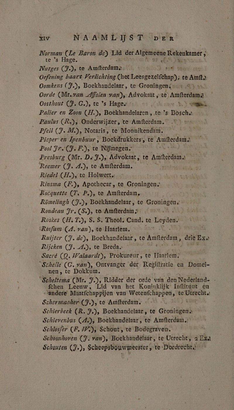 Norman (Le Baron de) Lid der pat in Rekenkamer; te ’s Hage, KE AOR 5 Nutges (FÌ-)s te Kerdi: ks: Oefening baart Verlichting Chet bekeek alma e te Ant Oomkens (F.), Boekhandelaar, te Groningen, Oorde (Mr.van Affelen van), Advokaat té Amfterdams Oosthout (F. G.), te ’s Hagen « | en) Palier en Zoon (H.), Boekhandelaren , te ’s Boscha Paulus (R)s Onderwijzer, te Amfterdam. Pfeil {F. M.), Notaris, te Monnikendam. Pieper: en Ipenbuur, Boekdrukkers A ekeek Pool Fr. (Fe F.)s te Nifinegen. | Presburg (Mr. De F)s Advokaat, te Amfttdamo Reemer € FJ. 4.)s te Amfterdam, Riedel (H.)y; te Holwerta Rinsma (F.), Apothecar , te Groningen, Rocquette (Te P.), te Amfterdam, Römelingh (F-), Boekhandelaar , te isen len Rondeau Fr. (Sv), te Amfterdam | Roskes (Hs T.)s S. $. Theol, Cand. te Leyden. Rosfian (A. van), te Haarlem. r Ruijter (F. de), Boekhandelaar , te ih Ki drie Ess Rijcken (F. A), te Breda. Sacré (Q. Walaardt), Prokureur, te Haarlem: Schelle (G. van), Ontvanger der Regiftratie en Domei- nen, te Dokkum, “Scheltema (Mr. F.), Ridder der orde van den Nederland. - fchen Leeuw, Líd van het Koninklijk Inftituut en ‘andere Maatfchappijen van Weten(chappett, te Utrecht, Schermacher (F.), te Amfterdam. Schierbeek (R. F.), Boekhandelaar, te Groningens Schievenbus (A.), Boekhandelaar, te Amfterdam.; Schlosfer (F. /), Schout, te Bodegraven. | Schoonhoven (F. van), Boekhandêlaár, te Utrecht, à Exa Schouten (F.), Scheepsbonwmeester ‚te Dordrecht}