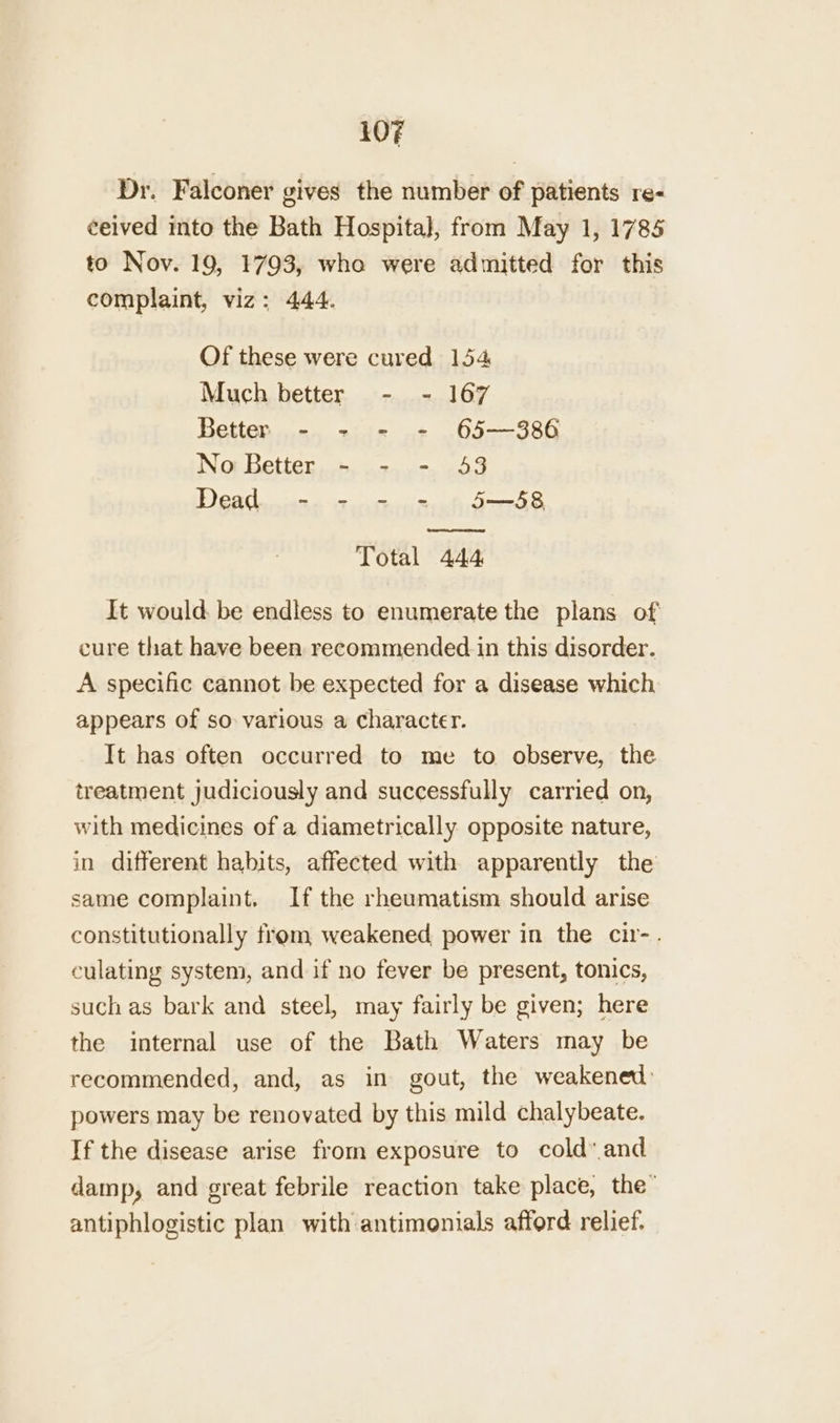 Dr. Falconer gives the number of patients re- ceived into the Bath Hospital, from May 1, 1785 to Nov. 19, 1793, who were admitted for this complaint, viz; 444. Of these were cured 154 Much better - - 167 Better ” ° = = 65 es 3 86 No Better ..+. .2.+-. -43 Dead - - - = S5—58 Total 444 It would be endless to enumerate the plans of cure that have been recommended in this disorder. A specific cannot be expected for a disease which appears of so various a character. It has often occurred to me to observe, the treatment judiciously and successfully carried on, with medicines of a diametrically opposite nature, in different habits, affected with apparently the same complaint. If the rheumatism should arise constitutionally from, weakened power in the cir-. culating system, and if no fever be present, tonics, such as bark and steel, may fairly be given; here the internal use of the Bath Waters may be recommended, and, as in gout, the weakened: powers may be renovated by this mild chalybeate. If the disease arise from exposure to cold’ and damp, and great febrile reaction take place, the’ antiphlogistic plan with antimonials afford relief.