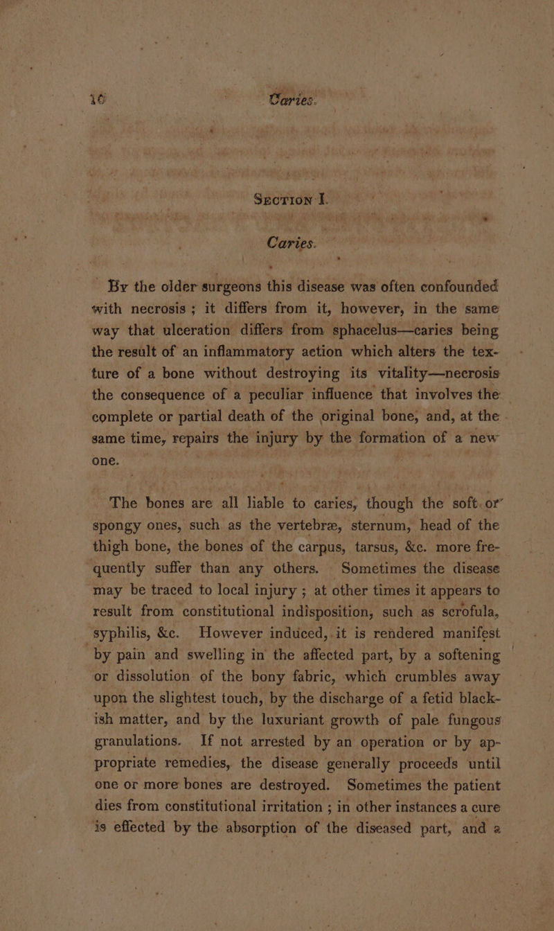 1 Sgorion I. — ¢ # ‘ iy’ t hy oe * ma . Caries. _ By the older surgeons this disease was often confounded with necrosis ; it differs from it, however, in the same way that ulceration differs from sphacelus—caries being the result of an inflammatory action which alters the tex- ture of a bone without destroying its vitality—necrosis the consequence of a peculiar influence that involves the complete or partial death of the original bone, and, at the same time, repairs the injury by the formation of a new one. The bones are all liable to caries, though the soft. or’ spongy ones, such. as the vertebra, sternum, head of the thigh bone, the bones of the carpus, tarsus, &amp;c. more fre-_ quently suffer than any others. Sometimes the disease may be traced to local injury ; at other times it appears te result from constitutional indisposition, such as scrofula, syphilis, &amp;c. However induced, it is rendered manifest by pain and swelling in the affected part, by a softening © or dissolution of the bony fabric, which crumbles away upon the slightest touch, by the discharge of a fetid black- ‘ish matter, and by the luxuriant growth of pale fungous granulations. If not arrested by an operation or by ap- propriate remedies, the disease generally proceeds until one or more bones are destroyed. Sometimes the patient dies from constitutional irritation ; in other instances a cure is effected by the absorption of the diseased part, and a
