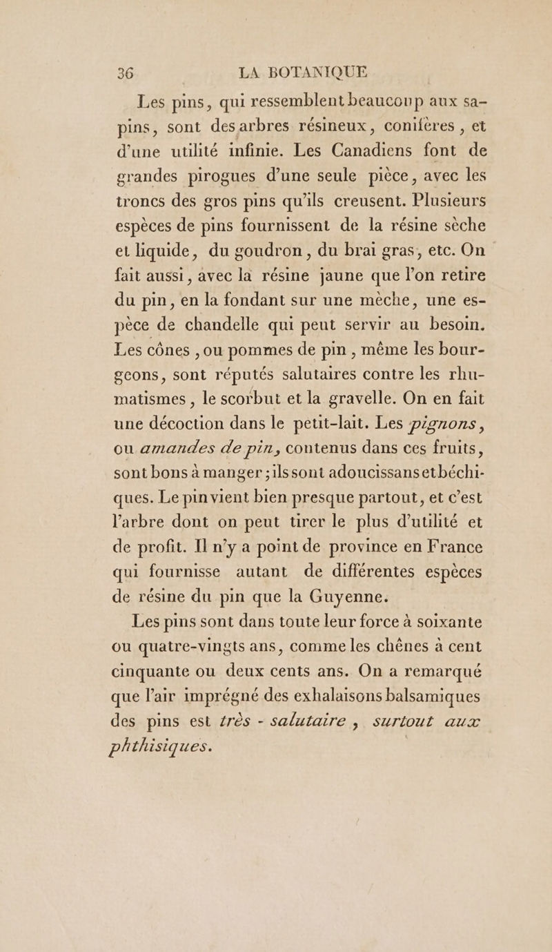 Les pins, qui ressemblent beaucoup aux sa- pins, sont des arbres résineux, conifères , et d'une utilité infinie. Les Canadiens font de grandes pirogues d’une seule pièce, avec les troncs des gros pins qu'ils creusent. Plusieurs espèces de pins fournissent de la résine sèche et liquide, du goudron , du brai gras, etc. On fait aussi, avec la résine jaune que l’on retire du pin, en la fondant sur une mèche, une es- pèce de chandelle qui peut servir au besoin. Les cônes ,ou pommes de pin , même les bour- gcons, sont réputés salutaires contre les rhu- matismes , le scorbut et la gravelle. On en fait une décoction dans le petit-lait. Les pignons, ou amandes de pin, contenus dans ces fruits, sont bons à manger ;1lssont adoucissansetbéchi- ques. Le pin vient bien presque partout, et c’est l'arbre dont on peut tirer le plus d’uulité et de profit. Il n’y a point de province en France qui fournisse autant de différentes espèces de résine du pin que la Guyenne. Les pins sont dans toute leur force à soixante ou quatre-vingts ans, comme les chênes à cent cinquante ou deux cents ans. On a remarqué que l'air imprégné des exhalaisons balsamiques des pins est 1rès - salutaire , surtout aux phthisiques.