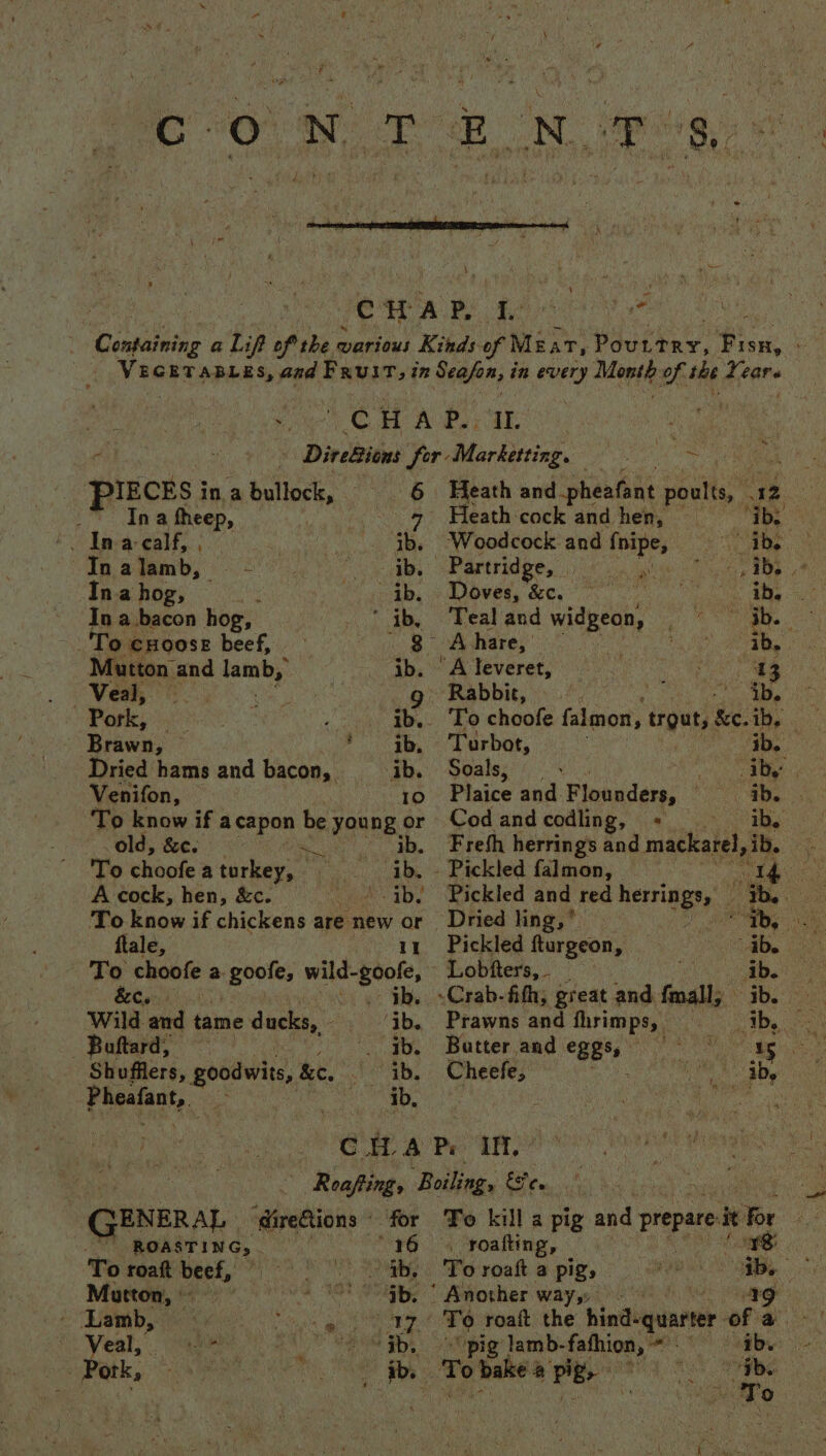 ¥ Pile nthe ga H AP. ; A Ne ra ee 4 | Diveltioes for. Lae epee. ae pieces; ina a ballock, 6 Heath and pheafant outa) oy ae _~ Ina theep, | ‘ Heath-cock and hen, nd _ Ina-ealf, , - Gb. ~“Woodcock and {nipe, “abs To Seem Pa ry % Partridge, | i ast Rte a RO ee Te) ae eamiae cE aN Gat » Doves, &amp;e, — ib. In a.bacon hog, Aik iby Teal and wider ee Sada: * Aa To cnoose beef, - 3° A hare,’ : Ee ae Mutton: and lamb, ib. ‘A leveret, 43 Veal, ; ~ Rabbit, | Tee FOr, oo ib. To choofe falmon, trout, &amp;e. ib. : Baws, i * ib, Turbot, ib. Dried hams and bacon, ib. Soals, ase Ny Venifon, 10 Plaice and Flounders, ib. To know if acapon be; yonng. 4 Codandcodling, = ib, old, &amp;e. &lt; b. Freth herrings and mackarel, ib. a To choofeaturkey, Ae Pickled falmon, Ae ; A cock, hen, &amp;c. | ab. Pickled and red herrings s, 2 “ibe To know if chickens are new or Dried ling,’ oe ae ftale, 11 Pickled fturgeon, | a To choofe a goofe, ie Beles: Lobfters,. ; RGus i .' ib, »Crab-fith, great and froall Wild ‘and tame ducks, ‘ib. Prawns and fhrim ps, _ : ny --Boftard, _ ib. Batter and CRBS ages “&amp; Shufflers, goodwits, &amp;c. Sigs ts Cheefe, iinet aby F fom %, pea 138 : Tei, eae a: CG Ase A Ps att. tty GENERAL ‘GreGtions © for ANG ROASTING, - “+6 T o roatt beef, iy, i Tianby ee Ns eel alates, eee ey ha. tga ee To kill a pig and prepare it Por ae . roalting, 1 - ab. 9b. ‘pig lamb- fafhion, “ , we ms “To