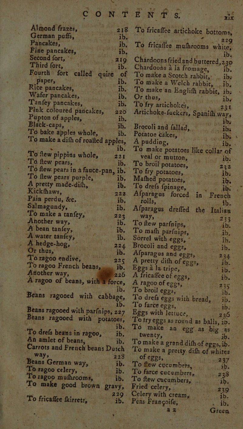 ONO ae Almond frazes, Bei German puffs, Pancakes, : | ib, _ Fine pancakes, Second fort, *: ii 219 Third fort, 7 nae ae |: ® Fourth fort called’ quire of fy CAB er ys. hy yc et as ib, Rice pancakes, ib. Wafer pancakes, Re SY Tanfey pancakes, faye Pink coloured pancakes, 220 Pupton of apples, | ib. Brackicape 5 oe ab To bake apples whole, ib. To make adith of roatted apples, SS | ib. ‘To few pippins whole, 221 To. Rew pears, | MG ce 6 ‘To ftew pears in a fauce-pan, ib, To ftew pears purple, A pretty made-dith, ib. Kickhhaws, _ 222 Pain perdu, &amp;c,. ib, Salmagundy, ib. To make a tanfey, 223 _ Another way, ib. Abean tanfey, ~~ ib, “A water tanfey, ‘ib. . Ahedge-hog, ~ 224 Or thus, pe ib. -To.ragoo endive, 225 To ragoo French beans, ib. Another way, ! es A ragoo of beans, with @ orce, - Beans ragooed with cabba ;, 5S i aR ib. _ Beans ragooed with parfnips, 227 Beans ragooed with potatoes, “To drefs beans in ragoo, An amlet of beans, ——iib,, Carrots and French beans Datch SOS Palomera Glee 228 Beans German way, | ib. tOragoo celery, . _ ib. 0 1ag00 mufhrooms, ib. ‘Yo make good brown gravy, To fricaffee ikirrets, ¢ ‘ EN 1s. To fricaflee artichoke bottoms, cae Rone i eae To fricaflee muthrooms white,. ‘ie XxiX Bs La ste Chardoonsfriedand buttered,230 Chardoons 4 la fromage, ib, To make a Scotch rabbic,: iby ‘To make a Welch rabbi, ode Or thus, eC eins ERE To fry artichokes, weak Artichoke-fu ekers, Spanifh ways. Brocoli and fallad, kb Potatoe cakes, ibs ‘Apudding, ib To make potatoes like collar of veal or mutton, __ ibs To broil potatoes, 23¢ To fry potatoes, ib. Mafhed potatoes, eee To drefs {pinage, a as Afparagus forced in French rolls, - oF. ib. Pa A RE RR RE RSIS oe To ftew parfnips, | or te To math parfuips, SAD, Sorrel with eggs, ° ih... Brocoli and eggs, seq es Afparagus and eggs, ig Gk A pretty dith ofeggs, | ib. Eggs a la tripe, | A fricaffee of eggs, PR Sia A ragooofeges, Pat To broil CRE tach 4c head Me To drefs eggs with bread, ib, To farceeggs, Eggs with lettuce, _ twenty, | To make a grand dith of eggs, ik To make a pretty dith of whites ats i oh ala a To few cucumbers, _ 2b. To farce cucumbers, 238 To ftew cucumbers, *' “nb. Fried celery, 239 Celery with cream, wats Peas Frangoife, — ib. BEL coms ,