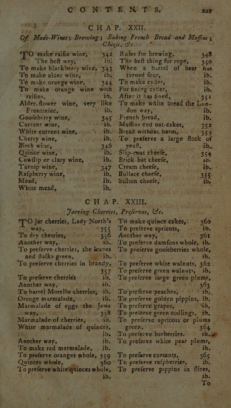 cae’ Ee Oe casa igl oF Made-Wines; Peering? Baking French Bread and Mafins 5) te betfe, oy iy Dee TO make daria wine, 342. Rules for brent 348 The beft way, dbs The beft thing for ae 35° - To make blackberry wine,» 343 To make alder wine, * To make orange wine, raifins, ib. After it has fined, “351 Alder. flower wine, very’ like To make white bread the Lon- Frontiniac, eS: ROW Way ye lAn sO U ay ere Ti Goofeberry wine, pee Penh: Dread eis oc. ots Se Currant wine, f “ib. Muffins and oat-cakes, 352 White currant wine, “9 “ ils sces Bread without, barm,. © 453. Cherry wine, ~ ib. To. preferve a intee foc of Birch wing in eo 346 Vests rma bs Quince wine, / ib. Slip-coat cheefe, ons Cie Cowflip or clary wine, ib. Brick-bat cheefe, - get Turnip wine, 347 Cream cheefe, as Bb, « Rafpberry wine, ib. Bullace cheefe, 355° Mead, | ab. Stilton cheefe, ° abe White mead, 6 ib, oe ; Cc H Ae. XXII. * | : beat) Jarring. Cherries, ‘Preferves, ie. TO; jar cherries, Lady North’s To make quince cakes, Se RY gg MRK AEG “355 To preferve apricots, ab. To dry chewiess “356 Another way, ae g6€. | ‘Another way,, §-% + 4b., ‘To preferve damfons whole, ib. To preferve cherries, the leaves and ftalks green, Re G ‘To preferve cherries in brandy, x 0 oe whitedflinces while. When a barrel ‘of beer has ~ turned four, at ts 3 To make cyder, Seay ea For finitgeycer, ih, 360 nee a Rove govlebersies whole, rm rin To prelerye white walnuts, 362 . 337 To preferve green walnuts, ib, To preferve cherrids::) 22 wv ‘To praverye loid green Diver. Another way, a eae (To barre] Morello cherries, ab. To pieferre’ peaches, ©? ib, Orange marmalade,” ib. . To preferve golden pippins, ib. Marmalade of -€ags thes ut $ To preferve grapes, © 4b, Ways’ 398 To preserve green codlings, m5 tae Miarinatader ne metho oe La ‘To preferve apricots: or. pies he White marmalade. of quinces, JQTER R65 EIS 364 EES ) ibe To preferve biabarsies: 1b. r Another way, 3 ib. To preferve white pear ploms, ' To make red marmalade, _ ib. ) ae aD To preferve oranges whole, 359 To prefervecorsants, 365 Quinces whole, 69 To preferve rafpberries, = ib. To G Sedes pippins in flices, | . ib.. “To.