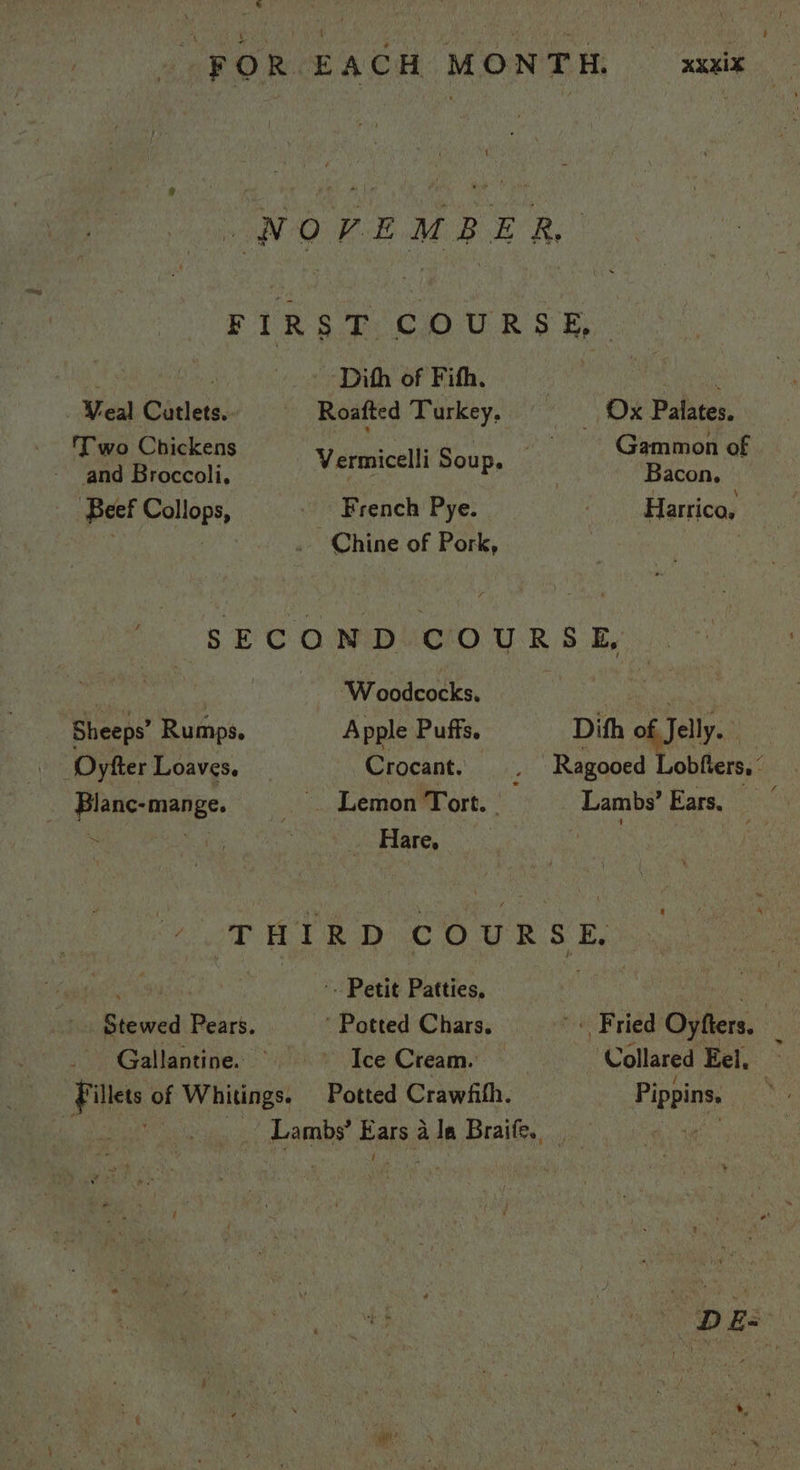 NOVEMBER, FIRST COURSE, tA : - -Dith of Fith, | A Veal Cutlets. Roafted Turkey, = = Ox Palates. Two Chickens - os a, oe Gammon of and Broccoli. bt el athe Bacon, Beef Collops, French Pye. Harrica, ney | Chine of Pork, i 8 BC ONDUCRO UR SB: Ba | ‘Woodcocks, | | ene Sheeps’ Rumps. Apple Puffs. Dith of Jelly. _ Oyfter Loaves. Crocant. . Ragooed Lobfters,: _ Blanc-mange. =. Lemon Tort. Lambs’ Ears. ~ . Hare, ‘ 0 RD oO URS Re ee ‘s mt ‘. Petit Patties, ie es ae . Stewed Pears. ' Potted Chars. + Fried Oyfters. Gallantine. — ~ Ice Cream. Collared Eel, ’ Fillets of Whitings. Potted Crawfith. Pippins. i aan __ Lambs’ Ears a Ja Braife. bee . . e wh