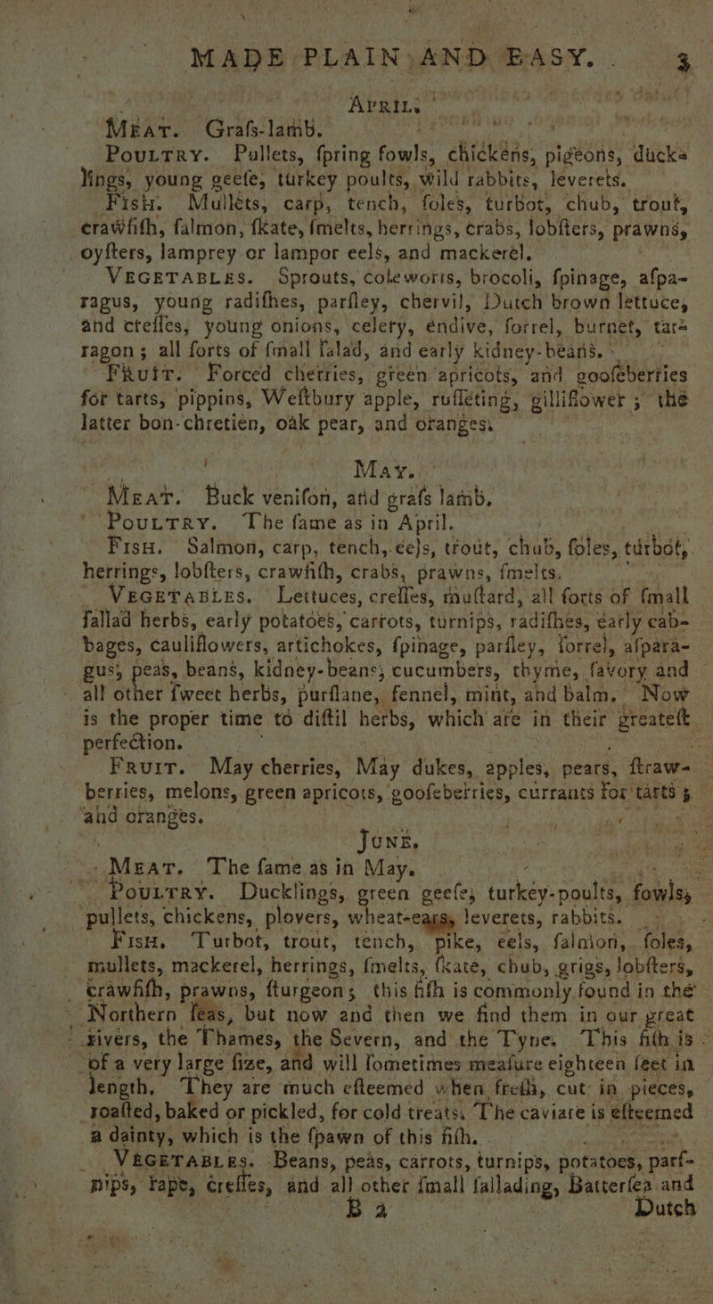 ‘ ‘ MADE PLAIN AND @Asy.. og. ght 8 se a che hada rah hig: Mear. Grafs- Laihy. PI PS aia BI ht ial Pouttry. Pullets, {pring oul, chickens, pigeons, duck | lings, young geefe, turkey poults,, wild rabbits, leverets. Fist. Mallets, carp, tench, foles, turbot, chub, trout, ¢rawfith, falmon, fkate, fmelts, heriihes. crabs, Jobfters, prams, _oyfters, lamprey or lampor eels, and mackerel, VEGETABLES. Sprouts, bale ates, brocoli, fpinage, afpa- rapus, young radifhes, parfley, chervil, Dutch brown lettuce, and ctefles, young onions, celery, Awaive: forrel, burnef, tars ragon ; all forts of {mall falad, and early kidney- beanie, '  Fhuir. Forced cherries, green apricots, and goofeberties for tarts, pippins, Weltbury apple, rufleting, gill lifower > the latter bon-chretien, Dak pear, and oranges. Meat. Buck venifon, atid grafs lamb, ‘Pouttry. The fame as in April. Fisu. Salmon, carp, tench, €e}s, trout, chub, foles, turbot). herrings, lobfters, crawfith, crabs, prawns, {melts. ig OC ROE Tiaetuee;: crefles, muttard, ‘all forts of (mall fallad herbs, early potatoes, Carrots, turnips, radithes, éatly cab- bages, cauliflowers, artichokes, fpinage, pariley, forre}, afpara- gus; peas, beans, kidney- beans, cucumbers, thyme, favory and © all other {weet herbs, purflane, fennel, mint, and balm. Now is the proper time to diftil herbs, Which afe in their preateft. perfection. sy Fruit. May cherries, May dukes, sated pears, firaw- - berries, melons, green apricots, goofebetries, currants For tarts Le ahd oranges. : Pas “4 Jong. .Mear. The fame as in May. oULTRY. Ducklings, green geele; turkey: sanktee fowlss Fisx, Turbot, trout, tench, pike, eels, falnion,. foles, mullets, mackerel, herrings, (melts, (kate, chub, grigs, Jobfters, Northern feas, but now and then we find them in our great rivers, the Thames, the Severn, and the Tyne. T his fith is © ee very large fize, and will fometimes meafure eighteen feet in ength, They are much efteemed when frei, cut in pieces, _Toafted, baked or pickled, for cold treats, The caviare is elteemed a dainty, which is the {pawn of this fith, . ViceTasies. Beans, peas, carrots, turnips, potatoes, suas a Dutch