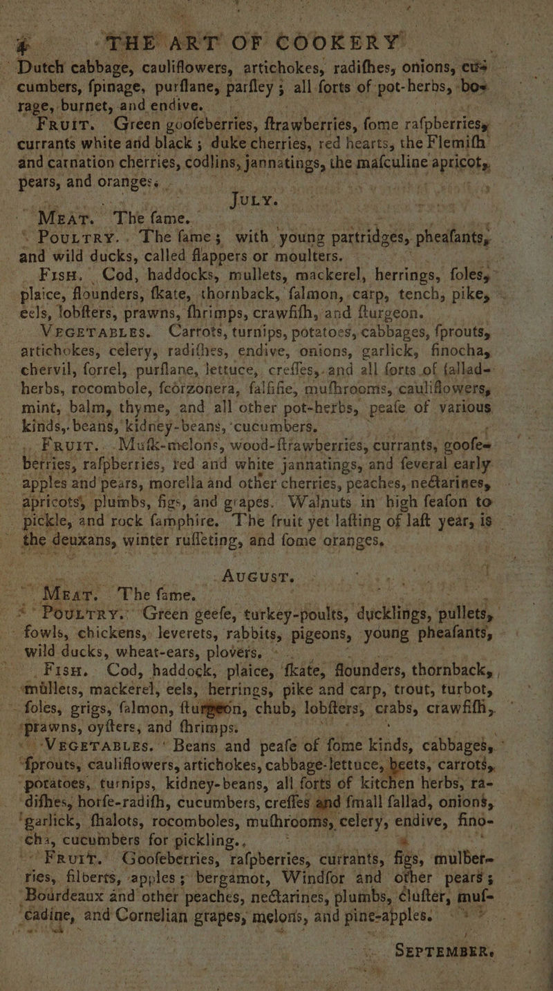 ee AaLen Ane OF ieee EER YE tage, burnet, and endive. ‘Frutr. Green goofeberries, ftrawberries, fome fAfohenneng and carnation cherries, # alin, Penang, the maicpige Apricot pears, and igi : : FOL. “Meat. The fame..;. Plt \ Pouttry.. The fame; with young neha pheafants, and wild ducks, called Mappers or moulters. -ecls, lobfters, prawns, fhrimps, crawhth, and flurgeon. VEGETABLES. Carrots, turnips, potatoes, cabbages, fprouts, artichokes, celery, rediaike:, endive, onions, garlick, finocha, herbs, rocombole, fcorzonera, falfifie, mufhrooms, cauli ilowers, mint, balm, thyme, and all other pot-herbs, peate of various kinds,. beans, kidney-beans, ‘cucumbers. ~. Fruitr..-Mutk-melons, wood- ftrawberries, currants, naples is berries, rafpberries, ted ainid white jannatings, and feveral early-  apples and pears, more \la and other cherries, peaches, nectarinesy Apricots, -pluimbs, figs, and grapés. Walnuts in high feafon to v the proxans, winter tufleting, and fome oranges, Aveust. es eR cet The fame. wild ducks, wheat-ears, plovers, - . setae: inekereh! eels, herrings, pike and carp, trout, tirbot, ~ foles, grigs, falmon, fturgeon, chub, lobfters, crabs, crawfifh,, _ (prawns, oyfters, and fhrimps. ‘fprouts, cauliflowers, artichokes, cabbage- fae, one carrots, difhes, horfe-radifh, cucumbers, creffes and {mall fallad, onions, _'garlick, fhalots, rocombelés, muthrooms, celery, endive fing- ie a, cucuinbers for pickling., ’-’Frurr. Goofeberries, rafpberries, currants, fi i mulber- ries, filberts, apples ; bergamot, Windfor and other pears; ‘Bourdeaux and other peaches, nectarines, plumbs, élufter, muf- eadine, and siti grapes, melons, and pinteapplene ih be LL aa SEPTEMBER,