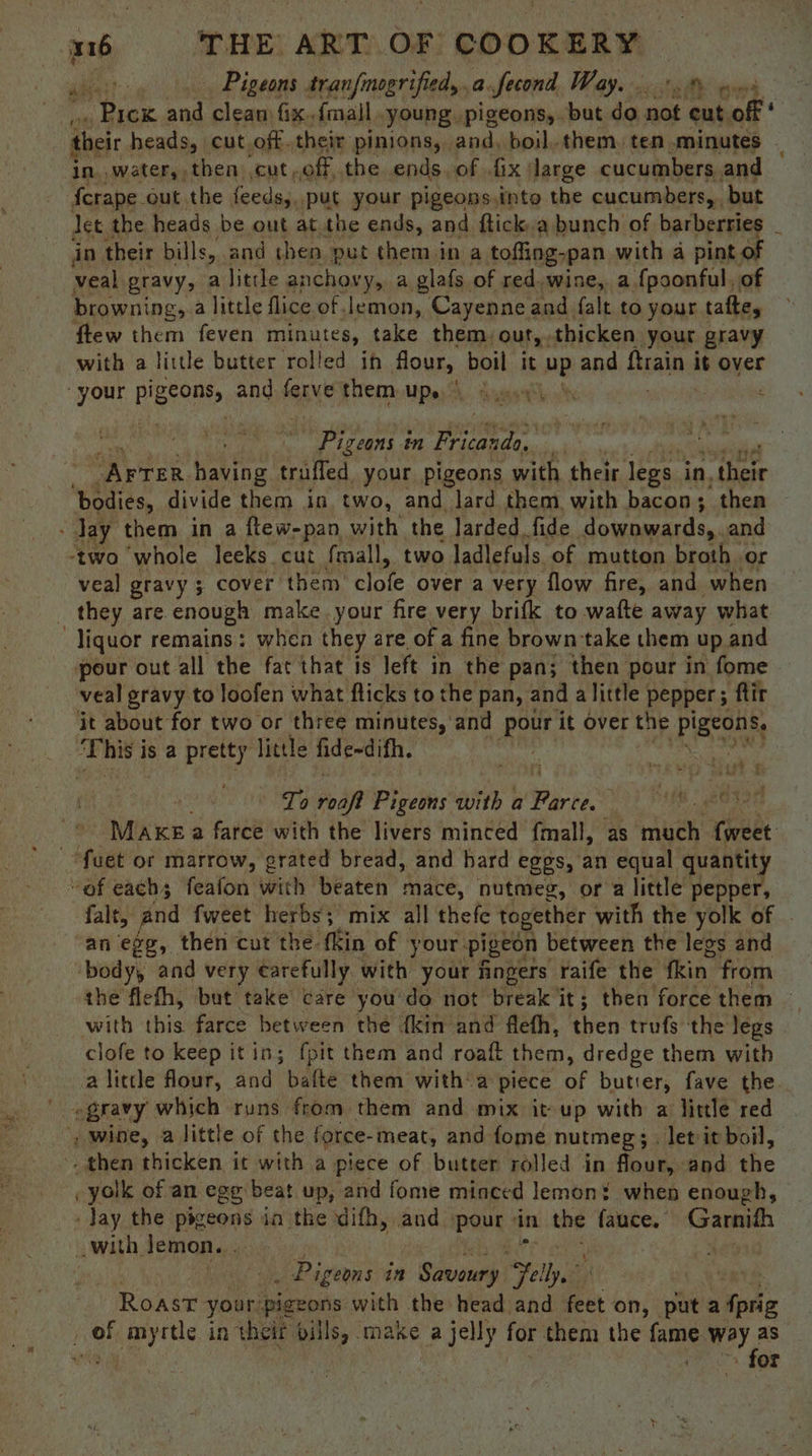 dliest:, Pigeons tranfimogrified,.a fecond Way. 0% wo - Prex eal clean fix..{mall.. young pigeons, but do aa. =i off . their heads, cut off.their pinions, and, boil, them. ten minutes f{crape out the feedss, put your pigeons,into the cucumbers, but in, their bills, and then put them in a tofling-pan with a pint veal gravy, a little anchovy, a glafs. of red. wine, a fpoonful, of browning, a little flice of. lemon, Cayenne and falt to your tafte, ftew them feven minutes, take them, our, thicken your gravy with a little butter rolled in flour, boil it up and ftrain | it over hy We ; Cs 4 ; ; Pigeons i in Fricanda, ¥' bai “AFTER. having triffed your pigeons with their legs in, hee veal gravy 3 cover them. einte over a very flow fire, and when liquor remains: when they are ofa fine brown take them up and veal gravy to loofen what flicks to the pan, anda little pepper 5 ftir To ioalt Pigeons with a aie Noy Hage | (a0aae Make a farce with the livers minced fmall, as much vett falt, and fweet herbs; mix all thefe together with the yolk of an egg, then cut the fkin of your: pigeon between the legs and clofe to keep it in; fpit them and roaft them, dredge them with a little flour, and pale them with’ a piece of butier, fave the. yolk of an egg beat up, and fome minced lemon! when enough, . Pigeons in Sasccatp telly da =. Roast your: pigeons with the head and feet on, put iene rao for %