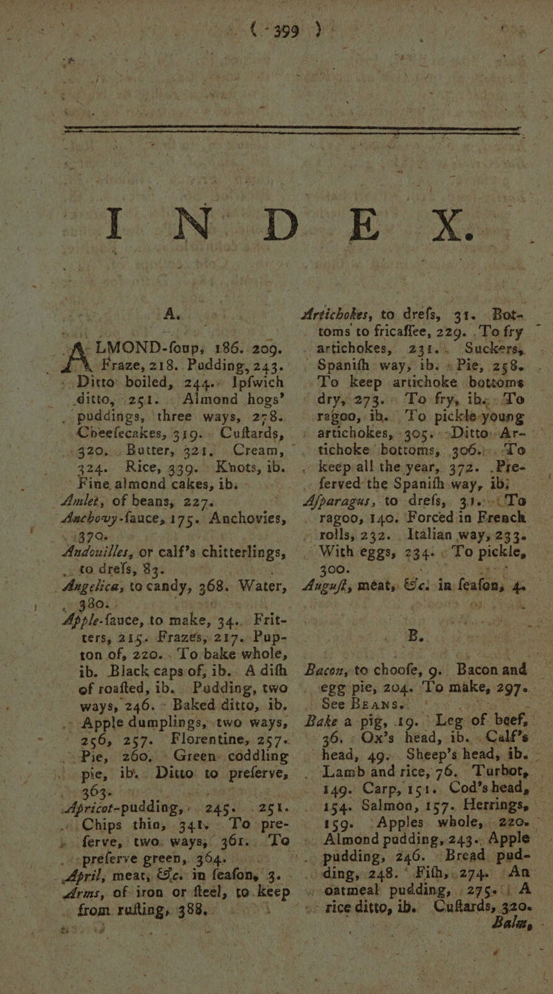 i ocmemeaes < A. oft LMOND.- fous 186. 209. _ do Fraze, 218. Podding, 243. -- Ditto: boiled, 244.: Ipfwich ditto, 251. Almond hogs’ _“poddings, three ways, 27 3. Rheefecakes, 319. Cuftards, £920... Butter, 321, 324. Rice, 339. Bnet, ib. - Fine almond cakes, ib. Amlet, of beans, 227. . Aachovy-fauce,175. Anchovies, “948995 | Andouilles, or calf’s chitterlings, to drefs, 33. | pase to candy, 368. Water, 330. ters, 215. Prazes,. 217. Pup- ton of, 220. . To bake whole, ib. Black caps of, ib.. A dith of roafted, ib. Padding, two ways, 46: * - Baked ditto, ib. .. Apple dumplings, two ways, ‘ 256, 257. Florentine, 257- Pie, z60, Green» coddling » pie, ib. Ditto to hinge ry gOys Apriet-puddiog,. eas. 251. Chips thio, 341 To pre- » ferve, two, ways, (gr. opreferve green, 364. ann oe 388, oy ae # ~ Artichokes, to drefs, 31. Bot- toms to fricaflee, 229. .To fry artichokes, 231.. Suckersy Spanith way, ib. » Pie, 258. To keep artichoke bottoms dry, 273. To fry, ib. To ragoo, ib. To pickle young artichokes, 305. »Ditto.Ar- tichoke bottoms, 306.).-‘To . keepvall the year, 372. Pics ferved the Spanith way, ib; Ajparagus, to drefs, 33.) To _-ragoo, 140. Forced in French » rolls, 232. . Italian way, 233. hs eggs, 234+ °To picicy Aiea méaty: es in feafon, he Ag * Bacon, to choofe, 9. Baconand — egg pie, 204. To make, 297° See Beans. ‘ ee we Bake a pig, 1 Leg o eef, 36. Ons a a Calf’s foad, 49. Sheep’ s head, ib. - Tamb and rice, 76. Turbot, - 149. Carp, 151. Cod’s head, — 154. Salmon, 157. Herrings, — 159- Apples whole, 220. > .. Almond padding, 243-, Apple Bread pad- - ding, 248. ° Fih, . 274 An » oatmeal pudding, | 275. 1A > rice ditto, ib. Cuftards,. 320. ia Bala, -