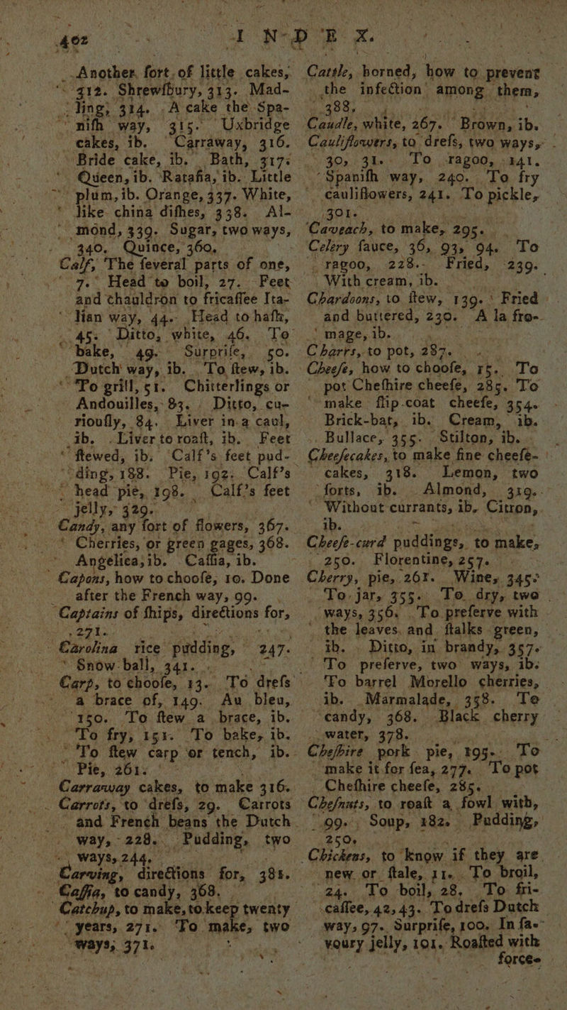 ~ ‘ ling) 314. A cake the Spa- “ nifh) way, gis. “Uxbridge - cakes, ib. ‘Carraway, 316. Bride cake, ib, Bath, 317. Queen, ib. Ratafia, ib. Little plum, ib. Orange, 337. White, like. china difhes, 338. Al- mond, 339. Sugar, two rey 340. Quince, 360, Cal If, The feveeat’ parts of one, rc Head to boil, 27. Feet and thauldron to fricaffee Tra- ‘ ine way, 44- Head to hafh, Surprife, 50. Dutch: way, ib. .'To, ftew, ib. “Fo grill, st. Chitterlings or - Andouilles, $3. . Ditto, cu- ' rioufly, 84. Liver in.a cavul, ab. . Liver to roaft, , ‘ftewed, ib, ‘Calf’s feet pud- ‘ding, 188. Pie, 192: Calf?s feet e . head re 198. | jelly, 329 Candy, any Tort of flowers, 367. Angelica, ib. Caffia, ib ' €apons, how to choofe, 10. Done after the French way, 99. ant. | Carolina rice padding, * Snow ball, ‘ Carp, to bbetie, Ae To few. a brace, ib. . 150. To bake, ib. Pa rg’ 15k. ” Pie, 261% 228... , Ways, 244, Pudding, two Caffa, to candy, 368. | years, 271, Ways; 371. ; - % . Cattle, picded’ how to prevent _ the infettion aon gs them, 83, py mites 267. pe ib. Cauli iftowners, to drefs, two ways, - $0. 3ae ik yO Tagoo, 141. “Spanifh way, 240. To fry 30l. Celery fauce, 365. 93» 94. To ragoo, 228.- Fried, +239. \ With cream, ib. Chardoons, to ftew, 1 49. | Fried and buttered, 230. A la fro-. ‘ mage, ib. Charrs, to pot, 237. Ne pot Chethire cheefe, 285. To ‘make ftip-coat cheefe, 354. Brick-bat, ib. Cream, ib. Bullace, 355: Stilton, “ib. i Chekigtee | to make fine cheefe- » cakes, 318. Lemon, two forts, ib. Almond, 319..- oe currants, ib, Citton, Chev curd naddiner,, to make, 250. Florentine, 257. Cherry, pie, 26%. Wines 345° To. jar, 355. To dry, two | “ways, 356. To. preferve with Si leaves. and ftalks - ‘green, ‘ - Ditto, in brandy, 357° Le preferve, two ways, ib. ib. Marmalade, 358. Te ‘candy, 368. Black. cherry water, 378. ye Chepbire pork pie, “‘r95-- To “make it for fea, 277. To pot _Chethire cheefe, 285. Chefnits,. to roait a fowl with, - 99+ Soup, 182. Pudding, 250, new. or. ftale, 11. . To broil, wrist Y boil, 28, To fi- caflee, 42,43. Todrefs Dutch way, 97-. Surprife, 100, In fae _ woury jelly, 101. Roalted with _ forces