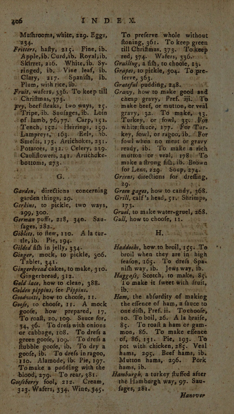 406 » Mathrooms, white, 229. Eggs, 23.4. pri ate haity): 215% Fine, ib. ’ Skirret, : os White, ib. Sy- - singed, i Vine. leaf,’ ib. ai Clarys)<: 2x in Me) panift, ib. Plum, with ricajHfo tg wafersy 336. ‘To keep «ill Chriftmas,'37g9..) +: 7y, beefifteaks, two dash: 2 pet ib. Saufages, ib. ie ©of lamb, 76,77. Carp, 15% ' Tench, 152. ~ Herings, 159. . Lampreys,~ C16gay Bele; hb. *« Smelts, 173, Artichokes, Wi. “Potatoes, 232:0 Celery, 239. F »Cauliflowers, 243 Hers: cha aa: ty % a ¥ ‘Gardin, dine Ujotns ‘concerning 7 garden things; 29. ay Gerkins, to Pickle, two Slate 299, 300 German pois, 218, 340. Sau- “fages, 282. Giblets, to ftew, 110. = Hore, iby «Pie, wae) | Gilded filh i in jelly, 334. Giager, mock, to: pickle, se. —. Tablet, Gin 98 neater veces) giz. Gold Jace, how to clean, 388. Golden pippins, fee Pippins. | Goodwits, how to choofe, 11. Goofe, to choole, 11. goofe, how prepared, 17, 934, 36. To drefs with onions Or cabbage, 108. To drefs a green goofe, jog. To drefs a _ « ftubble goofe,’ ib, To dry a . goofe, ib. To drefs in ragoo, - -s4to. Alamode, ib. Pie, 197. . ‘Tomake a pudding with the . blood, 279... To rear, 381+ * Gooftberry fool, 212. } To. preferve. whole ‘withaat till Chriftmas, 373. red; 374. Wafers; 336.00 « Grailing, a fithh, to shndle. 13. Grapes; to: pickle, rey tick . - ferve, 363. Grateful pudding, 248..° s % rh cheap: gravy,’ Pref. <iji.\ Te make beef, or mutton, or veal . Burkey,» or :fowl,> 350: , 1 whitepfauce, ay7. “For Pa key, fowl, or ragoo, i ib... For “fowl when no meat or gravy ‘ready, abi “mutton ior © veal; r7B8e!To make aftrong fith; tb »Browa fot Lent, 229: Soupy: 274. ie 29. } Green gages, how to. Berns 468. 17 3 Gruel, to make watersgruel, 268. da how to pear He 205 \y a m ¥ ead HL x cs AR ase broil when they are ins high . feafon, 165.. nifh way, ib. Jews way, ib. be Scotch, to make, «8 iby Ham, th sR tondies pv hoskioe the effence of ham, a fauce to . onedith, Pref. it. ig. Bo boil, 26. Ala braife, Bg “Fo roaft a ham or gam- mon,:86. To make effence of, 86, 131. Pie, 193. To pot with. chicken, 285. Veal hams, 295. . igh hams,- 296. hams, ib. ~ = «the Hambargh (be 97- a . fages, pe beg ‘é ”“ 4