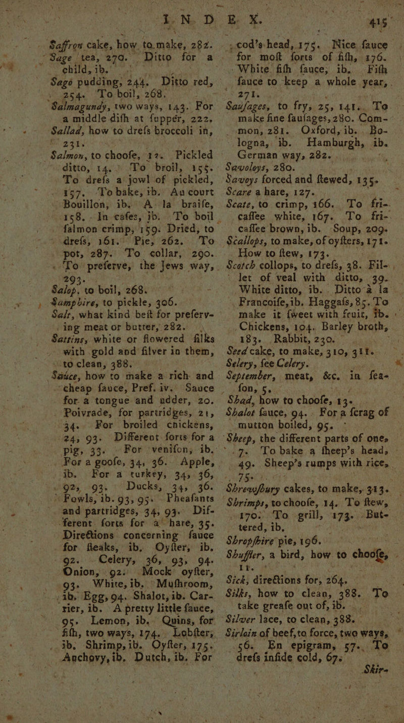 Sago pudding, a Ditto red, 254. ‘To boil, 268. a middle difh at fupper, 222, el 234. Pickled ditto, 14.) To broil, 15s. To drefs a jowl of pickled, . 4957. -Tobake, rb. Au court Bouillon, ib, A> la braife, 158, - falmon tbe 1$9. Dried, to * drefs, 164.9 Phe; 262, To pot, 287. To collar, 290. ‘ ee. preferve, the Jews way, Salop? to boil, 268. Samphire, to pickle, 306. Salt, what kind beit for preferv- ing meat or butter, 282. Satins, white or flowered filles with gold and filver in them, “to clean, 388. -theap fauce, Pref. iv. Sauce for. a tongue and udder, zo. - Poivrade, for partridges, 21, 34. For broiled chickens, 84s 93. Different. forts for a pig, 33- _ For a goofe, 34, 36.. Apple, jb. For a turkey, 34, 36, . 92, 93, Ducks, 34, 36. — ’ Fowls, ib. 93, 95: Pheafants and partridges, 34, 93 Dif- ferent forts for a” hare, 35. Dire€tions concerning fauce for fleaks, ib, Oyfter, ib. gz. ~ Celery, » G4. Biiou: Myatt | Sook eter, 93. White, ib. “Mufhroom, ib, Egg, 94. Shalot, ib. Car- Ben Re. Dutch, ib, For See 45” . cod’s: head! yi Wice fauce . for mot forts of fith, 170. “White fith fauce; ib, Fihh fauce to keep a whole ‘Yyear,. make fine faufages, 280. Com- eons 281. Oxford, ib. . .Bo- logna,. ‘bb. Hamburg, ib. German way, 282... Savoys forced and fewed, 135. Scare a hare, E27 x %y Scate, to crimp, 166. To fri-. caflee white, 167. To fri-. caflee brown, ib. Soup, 209. Scallops, to make, of oyftere, 171. How to ftew, 173. Scatch collops, to drefs, 38. Fil-, ‘let of veal with ditto, 39- ', Francoife, ib, Haggats, 85. To make it {weet with fruit, rb. : _Chickens, 104. Barley broth, | 183. Rabbit, 230. Seed cake, to make, 310, ite Selery, fee Celery. | September, meaty &amp;c. in fea- 1005) 6 04.5 Shad, how to chaale: 13. : Shalot fauce, 94: Fora ferap of “Mmutten boiled, 95. | ‘Sheep, the different parts of ones a To bake a theep’s head, ~ 49. sheep 3 rumps with rice, 15 Shrew/bury cakes, to make, 313. ‘Shrimps, tochoole, 14. To ftew, © wa 7oe. To grill, 173 event: tered, ib, Shropfoire pie, 196. a Shuffler, a bird, how to choo, : Lt. 9 i Sick, diretions for, ‘64, a Silks, how to clean, 32ee. To take greafe ont of, ib. - Silver lace, to clean, 488. : Sirlain of beef, to force, two ways, . 56. En epigram, 57.. To ret infide cold, » SPs, ' ass
