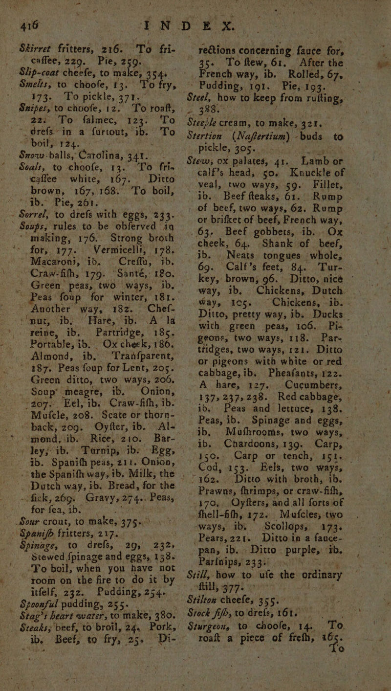 416 _ caffee, 229. Pie, 259. Slip-coat cheefe, to make, 3546 TT o fry, 173. To pickle, 371. Snipes, to choofe, 12. To roaft, 22: To falmec, 123. To boil, 124. Seals, to choofe, 13. To fri- caflee white, 167. Ditto . brown, 167, 168. To erie tb. Pie, 261. Vermicelli, 178. ‘Creffu, 7b. for 397: Macaroni}, ‘ib. Green peas, two ways, ib, Another way, 18z. Chef- ; “But, ib. Hare,\ib. .A’ la reine, ib, Partridge, 185. Portable, ib. . Ox cheek, 186. Almond, ib. ‘Trahfparent, Green ditto, two ways, 206, Soup meagre, ib. Onion, _207.° Eel, ib. Craw-fifh, ib. Mufcle, 208. Scate or thorn- back, 209. Oyfter, ib. Al- ib. Spanith peas, 211, Onion, - Datch way, ib, Bread, for the -fick, 26g. Gravy, 274. Pensy for fea, ib. Spinage, to drefs, 29, 232, Stewed fpinage and eggs, 138. Fo boil, when you have not room on the fire to do it by itfelf, 232. Pudding, 254. Spoonful pudding, 255. _ reétions concerning take for, 35. Toftew, 61. After the French way, ib. Rolled, 67, - Pudding, 191. Pie, 193. Steesle cream, to make, 421. a Stertion ( (Naftertium) “buds to pickle, 305. “Lamb or calf’s head, 50. Knuckle of veal, two ways, sg. Fillet, ib. Beef fteaks, 61. Rump - of beef, two ways, 62, Rump or brifket of beef, French way, 63. Beef gobbets, ib. Ox cheek, 64. Shank of beef, , Neats. tongues whole, 69. Calf’s feet, 84. Tur- key, brown, 96. Ditto, nicé - way, 1b, Chickens, Dutch way, 105. ~ Chickens, ib. Ditto, pretty way, ib. Ducks _ with, green peas, 106. Pi geons, two ways, 118. Par- ttidges, two ways, 21. Ditto or pigeons with white orred — cabbage,ib. Pheafants, r2z. A hare, 127. Cucumbers, 13752375238. Red cabbage, | ib, Peas and lettuce, 138. — Peas, ib. Spinage and eggs, ib, Mufhrooms, two ways, ib, Chardoons, 139. Carp, 150. Carp or tench, 151... Cod, 153. Eels, two ways, 162. Ditto with broth, ib. _ Prawns, fhrimps, or craw-fith, 170,. Oyfters, and all forts of fhell-fith, 1726 Mufcles, two “Ways, ib. Scollops, 173s Pears, 221. Ditto in a fance- pan, ib. © Ditto - purples ‘ib, Parlnips, 233. Still, how to ite che: ordinary oftilh, 3775 Siock fifo, to drels, 64s Sturgeon, to choofe, 14. To. Q