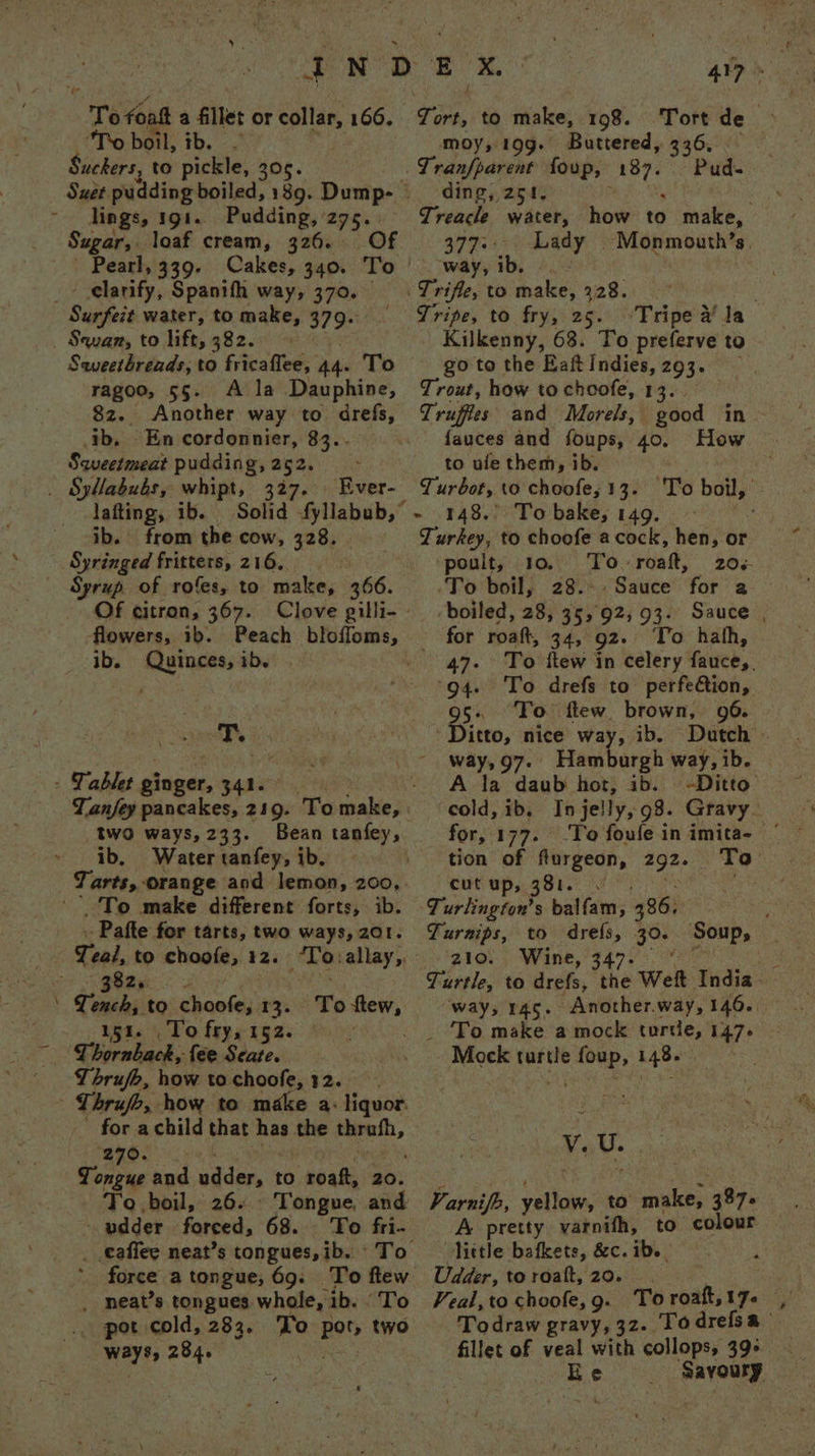 \ To boil, 3 ga uckers, to pickle, 305. lings, 191. Pudding, 275. | Sugar, loaf cream, 326. . Of clarify, Spanith way, 370. Sevan, to lift, 382. Sweetbreads, to fricaffee, | abi To ragoo, 55. Ala Dauphine, 8z. Another way to drefs, rb. - En cordonnier, 83. - Saveetmeat pudding, 252. _ Syllabubs, whipt, 327. lafting, ib. ib. from the cow, 328. Syringed fritters, 216. Sprup of rofes, to make, a6. Of citron, 367. Ever- ib. Quinces, ib. Tt. - Tablet ginger, 3 341. two ways, 233. ib, Water tanfey, ib. ‘To make different forts, ib. Pafte for tarts, two ways, 201. Ti ar to santas’ 13. To ftew, gas 1, FO fexcagas. Pv: - Lhornback, fee Seate. Thrufh, how to choofe, 32. Pees how to make a: liquor. for a child that nee ae secre 270. Tongue and udder, to roaft, 20. To boil, 26. Tongue, and - udder forced, 68. To fri- force a tongue, 69. _ neat’s tongues whole, ib. “To bake hag 284. moy, 19g. Buttered, 336, Tranfparent foup, 187. Pud- ding, 251, s Treacle water, how to make, 377... Lady © Monmouth’s. way, ib. | - . Trifle, to make, 428. : Tripe, to fry, 25. -Tripe a’ Ja Kilkenny, 63. To preferve to go to the Eaft Indies, 293. Trout, how to choofe, 13. Truffies and Morels, good in fauces and foups, 40. How to ule them, ib. - Turbot, to choofe;13. To boil, | ~ 148.) To bake, 149. Turkey, to choofe a cock, hen, or poult, 10. To-roaft, 20<- ‘To boil, 28... Sauce op a ‘boiled, 28, 35,92, 93- Sauce | for roatt, 34, 92. To hath, 47+ To ftew in celery farice, ‘94. To drefs to perfeétion, To ftew brown, 96. Ditto, nice way, ib. Dutch way,97. Ham urgh way, ib. A need daub hot, ib. -Ditto cold, ib, In jelly, 98. Gravy for, 177. ‘To foufe in imita- © tion of fturgeon, Lape: To cut up, 381. . ie cha. Turlington’s balfam, 386. Turnips, to drefs, one 210. Wine, 347. | Turtle, to Brie, the Wek India. “way, 146. - Another.way, 146. Soup, Mock turtle foup, 148. vs nt Varnifh, yellow, to make, 387- A pretty varnifh, to colour “Nittle bafkete, &c. ib. Udder, to roatt, 20. Veal, to choofe, 9. To roatt, 1Jo Todraw gravy, 32. Todrefsa Ee - Savoury