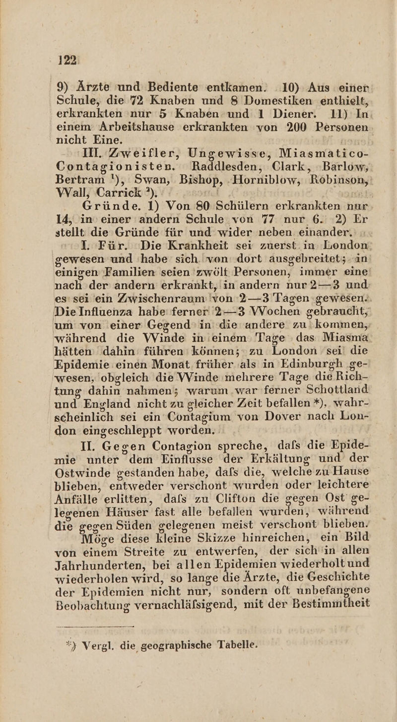 9) Ärzte und Bediente entkamen: 10) Aus einer Schule, die 72 Knaben und 8 Domestiken enthielt, erkrankten nur 5 Knaben und 1 Diener. 11) In einem Arbeitshause erkrankten von 200 Personen: nicht Eine. are ‘IH. Zweifler, Ungewisse, Miasmatico- Contagionisten. MRaddlesden, Clark, Barlow, Bertram '), Swan, Bishop, .Horniblow, Robinson, Wall, Carrick ?). er Ast Gründe. 1) Von 80 Schülern erkrankten nur 14, in’ einer andern Schule von 77 nur 6. 2) Er stellt: die Gründe für und wider neben einander. ; 1. Für. Die Krankheit sei zuerst. in London: ‚gewesen und 'habe sich. von: dort ausgebreitet; in einigen Familien seien 'zwölt Personen, immer eine nach der andern erkrankt, in andern nur2—3 und. es: sei ein Zwischenraum: 'von ?—3 Tagen ‚gewesen. Die Influenza habe ferner 2—3 Wochen gebrauclit, um von einer Gegend in die andere zu ‚kommen, während die Winde in’ einem Tage : das Miasma hätten: dahin: führen können; zu London sei! die Epidemie einen Monat früher als in Edinburgh .ge- wesen, obgleich die VVinde mehrere Tage die Rich- tung dahin nahmen; warum .war ferner Schottland und England nicht zu gleicher Zeit befallen *), wahr- scheinlich sei ein Contagium von Dover naclı Lon- don eingeschleppt worden. II. Gegen Contagion spreche, dafs die Epide- mie unter dem Einflusse der Erkältung und der Ostwinde gestanden habe, dafs die, welche zu Hause blieben, entweder verschont wurden oder leichtere Anfälle erlitten, dafs zu Clifton die gegen Ost’ ge- legenen Häuser fast alle befallen “ürden) während die gegen Süden gelegenen meist verschont blieben. Möge diese kleine Skizze hinreichen, ein Bild von einem Streite zu entwerfen, der sich'in allen Jahrhunderten, bei allen Epidemien wiederholt und wiederholen wird, so lange die Ärzte, die Geschichte der Epidemien nicht nur, sondern oft unbefangene Beobachtung vernachläfsigend, mit der Bestimmtheit *y Vergl. die geographische Tabelle.