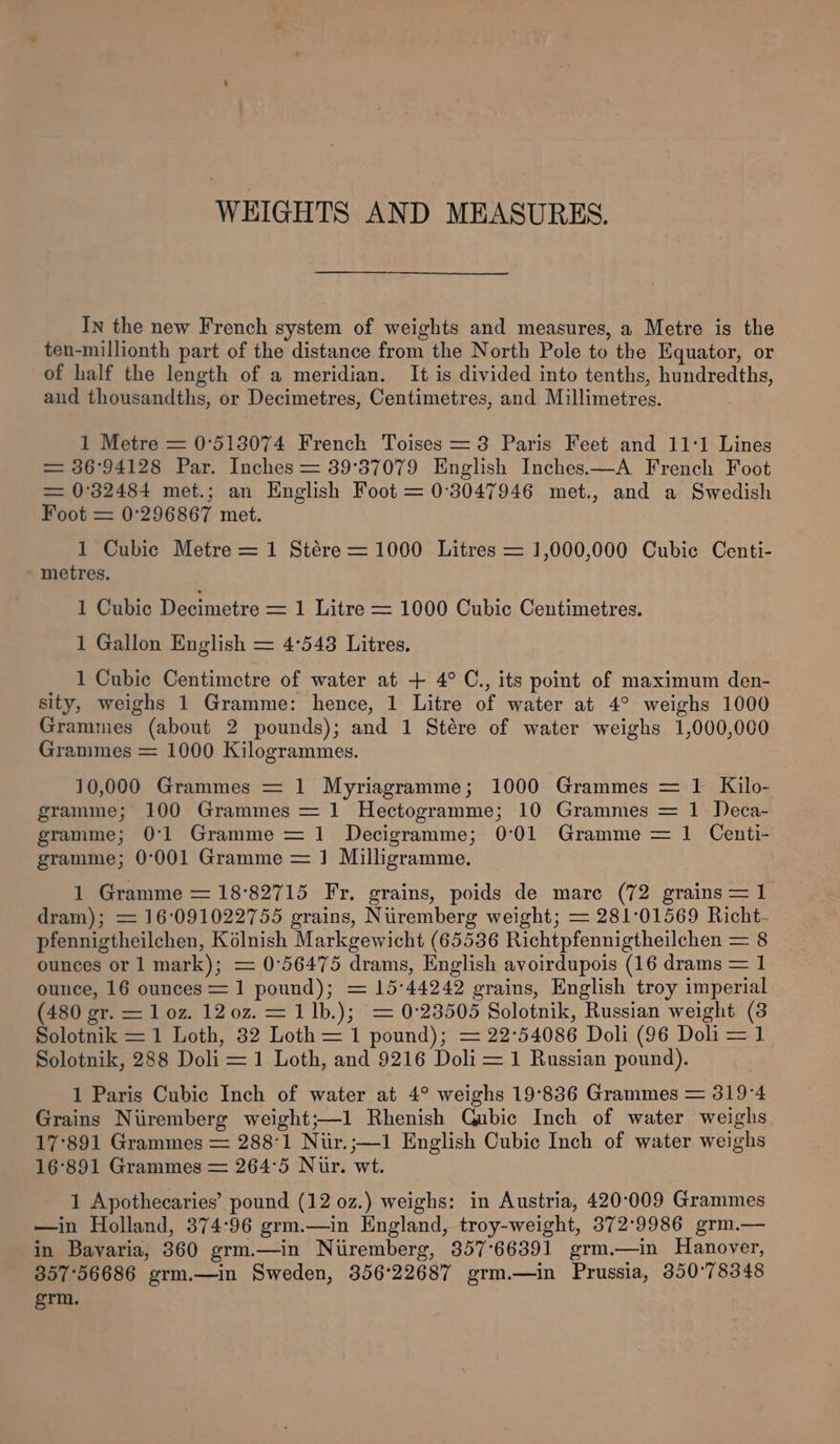WEIGHTS AND MEASURES. In the new French system of weights and measures, a Metre is the ten-millionth part of the distance from the North Pole to the Equator, or of half the length of a meridian. It is divided into tenths, hundredths, and thousandths, or Decimetres, Centimetres, and Millimetres. 1 Metre = 0°518074 French Toises = 8 Paris Feet and 11:1 Lines = 36°94128 Par. Inches = 39°37079 English Inches.—A French Foot = 0'32484 met.; an English Foot = 03047946 met., and a Swedish Foot = 0°296867 met. 1 Cubic Metre = 1 Stére = 1000 Litres = 1,000,000 Cubic Centi- metres, 1 Cubic Decimetre = 1 Litre = 1000 Cubic Centimetres. 1 Gallon English = 4°543 Litres, 1 Cubic Centimctre of water at + 4° C., its point of maximum den- sity, weighs 1 Gramme: hence, 1 Litre of water at 4° weighs 1000 Grammes (about 2 pounds); and 1 Stére of water weighs 1,000,000 Grammes = 1000 Kilogrammes. 10,000 Grammes = 1 Myriagramme; 1000 Grammes = 1 Kilo- gramme; 100 Grammes = 1 Hectogramme; 10 Grammes = 1 JDeca- gramme; 0°'1 Gramme = 1 Decigramme; 0°01 Gramme = 1 Centi- gramme; 0°001 Gramme = J Milligramme. 1 Gramme = 18°82715 Fr. grains, poids de mare (72 grains = 1 dram); = 16:091022755 grains, Niiremberg weight; = 281°01569 Richt- pfennigtheilchen, Kélnish Markgewicht (65536 Richtpfennigtheilchen = 8 ounces or 1 mark); = 0:56475 drams, English avoirdupois (16 drams = 1 ounce, 16 ounces =1 pound); = 15°44242 grains, English troy imperial (480 gr. = 1 oz. 1202. =11]b.); = 0:23505 Solotnik, Russian weight (3 Solotnik = 1 Loth, 32 Loth = 1 pound); = 22°54086 Doli (96 Doli=1 Solotnik, 288 Doli =1 Loth, and 9216 Doli =1 Russian pound). 1 Paris Cubic Inch of water at 4° weighs 19:836 Grammes = 319°4 Grains Niiremberg weight;—1 Rhenish Gubic Inch of water weighs 17°891 Grammes = 288°1 Niir.;—1 English Cubic Inch of water weighs 16°891 Grammes = 264°5 Nur. wt. 1 Apothecaries’ pound (12 0z.) weighs: in Austria, 420:009 Grammes —in Holland, 374:96 grm.—in England, troy-weight, 372°9986 grm.— in Bavaria, 360 grm.—in Niiremberg, 357°66391 grm.—in Hanover, 357'56686 grm.—in Sweden, 356°22687 grm.—in Prussia, 350°78348 grm.