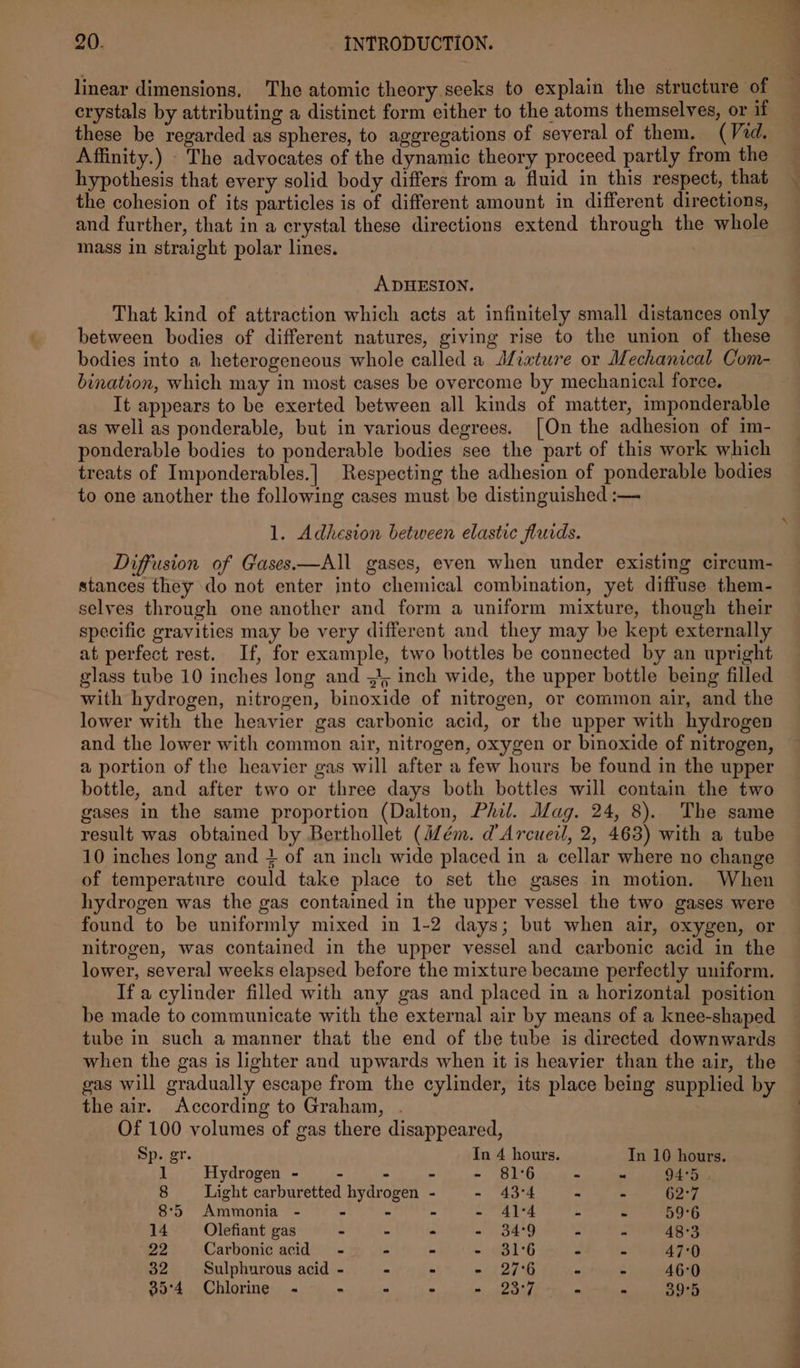 linear dimensions, The atomic theory seeks to explain the structure of crystals by attributing a distinct form either to the atoms themselves, or if these be regarded as spheres, to aggregations of several of them. (Ved. Affinity.) The advocates of the dynamic theory proceed partly from the hypothesis that every solid body differs from a fluid in this respect, that the cohesion of its particles is of different amount in different directions, and further, that in a crystal these directions extend through the whole mass in straight polar lines. ADHESION. That kind of attraction which acts at infinitely small distances only between bodies of different natures, giving rise to the union of these bodies into a heterogeneous whole called a Aiature or Mechanical Com- bination, which may in most cases be overcome by mechanical force. It appears to be exerted between all kinds of matter, imponderable as well as ponderable, but in various degrees. [On the adhesion of im- ponderable bodies to ponderable bodies see the part of this work which treats of Imponderables.] Respecting the adhesion of ponderable bodies to one another the following cases must be distinguished :— 1. Adhesion between elastic flurds. Diffusion of Gases.—All gases, even when under existing circum- stances they do not enter into chemical combination, yet diffuse them- selyes through one another and form a uniform mixture, though their specific gravities may be very different and they may be kept externally at perfect rest. If, for example, two bottles be connected by an upright glass tube 10 inches long and 54, inch wide, the upper bottle being filled with hydrogen, nitrogen, binoxide of nitrogen, or common air, and the lower with the heavier gas carbonic acid, or the upper with hydrogen and the lower with common air, nitrogen, oxygen or binoxide of nitrogen, a portion of the heavier gas will after a few hours be found in the upper bottle, and after two or three days both bottles will contain the two gases in the same proportion (Dalton, Phil. Mag. 24, 8). The same result was obtained by Berthollet (Mém. d’Arcueil, 2, 463) with a tube 10 inches long and + of an inch wide placed in a cellar where no change of temperature could take place to set the gases in motion. When hydrogen was the gas contained in the upper vessel the two gases were found to be uniformly mixed in 1-2 days; but when air, oxygen, or nitrogen, was contained in the upper vessel and carbonic acid in the lower, several weeks elapsed before the mixture became perfectly uniform. If a cylinder filled with any gas and placed in a horizontal position be made to communicate with the external air by means of a knee-shaped tube in such a manner that the end of the tube is directed downwards when the gas is lighter and upwards when it is heavier than the air, the gas will gradually escape from the cylinder, its place being supplied by the air. According to Graham, . Of 100 volumes of gas there disappeared, Sp. gr. In 4 hours. In 10 hours. 1 Hydrogen - - - - - 81°6 - ~ 94°5 8 Light carburetted hydrogen - - 43°4 ~ - 62°7 8:5 Ammonia - - - - - 41°4 - - 59°6 14 Olefiant gas - - . - 34°9 - “ 48°3 22 Carbonic acid - - - - 31°6 - - 47:0 Be Sulphurous acid - - - - 27°6 - - 46:0 35'4 Chlorine .- - - - - 23:7 - - 39°5 a