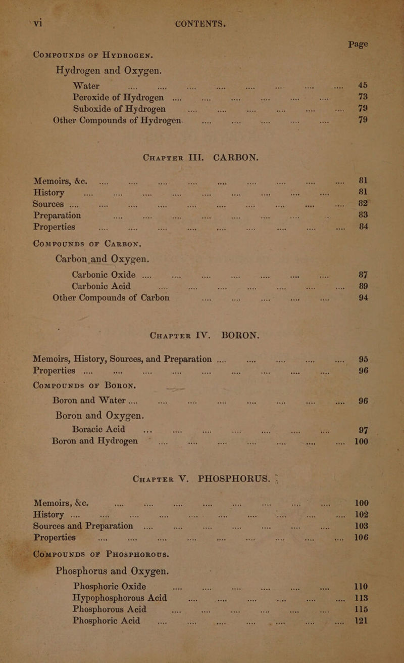 Water i. is ETE ad Sgt aees a ee Peroxide of iy drogen enue ie Mae ae oe (ae ae ane Re Suboxide of Hydrogen +f rete ic; Fae eas Other Compounds of Hydrogen. CuarpTer III. CARBON. ” as a &lt;3 Bnreinoirs, &amp;e. ' ee sat vais ar i etastory 5°... we Yo) sat fe Pe (arn) - Sources .... a6 be ‘ee ae in nae eee ee Preparation ei he ae sire es a erat Properties - a a a ae oN — eae CompounpDs oF CARBON. Carbon and Oxygen. Carbonic Oxide .... i a £ * te ors ) Shen Carbonic Acid ae: ve ie pen se 2 wap Other Compounds of Carbon ee an Be vie vet 94 CuarptEerR IV. BORON. * ae 2 i= 43 Memoirs, History, Sources, and Preparation .... aay at ote re e Properties .... at ae Avs a Ss ae i re 56 st Compounps oF Boron. US. ig ef _ Boron and Water .... &lt;, cee i re Ear se eas Boron and Oxygen. So Braco A... ya ae 1 ae se aie Boron and Hydrogen © .... ae Ae fis a Nee alas CuarteR V. PHOSPHORUS. ~ aie Memoirs, &amp;c. ee vies es Ae Ne bey vai SI er eg _ History ee va £ ae Scenes Saae eer rey loge . _ Sources a and Preparation ie weet wh 76] _ Properties +o ashes As oe ie ae POUNDS OF PHOsPHOROUS. Phosphorus and Oxygen. Rages Phosphoric Oxide i) i ees ee Hypophosphorous Acid preeceaes | Bes Phosphorous Acid bavi tars ig we Phosphoric Acid __.... Pais de Ste lace: