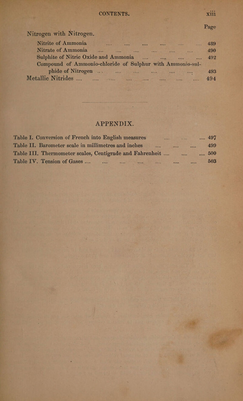 aia.” 23 ‘Nitrate of Ammonia .... i Seas cous phide of Nitrogen ... says ae ae APPENDIX. Table I. Conversion of French into English measures Table II. Barometer scale in millimetres and inches ag ae Ne Tension of Gases .... ah oe wee ae Ai wie 492 wore 499 499 .... 500 503